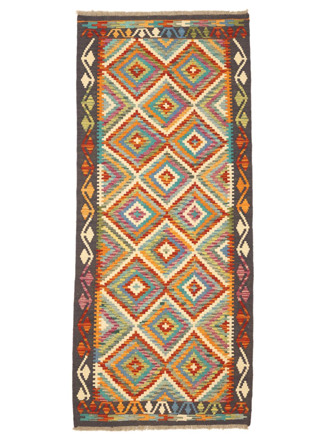 Handgeweven Afghaanse loper met een levendig geometrisch ruitpatroon in multicolor