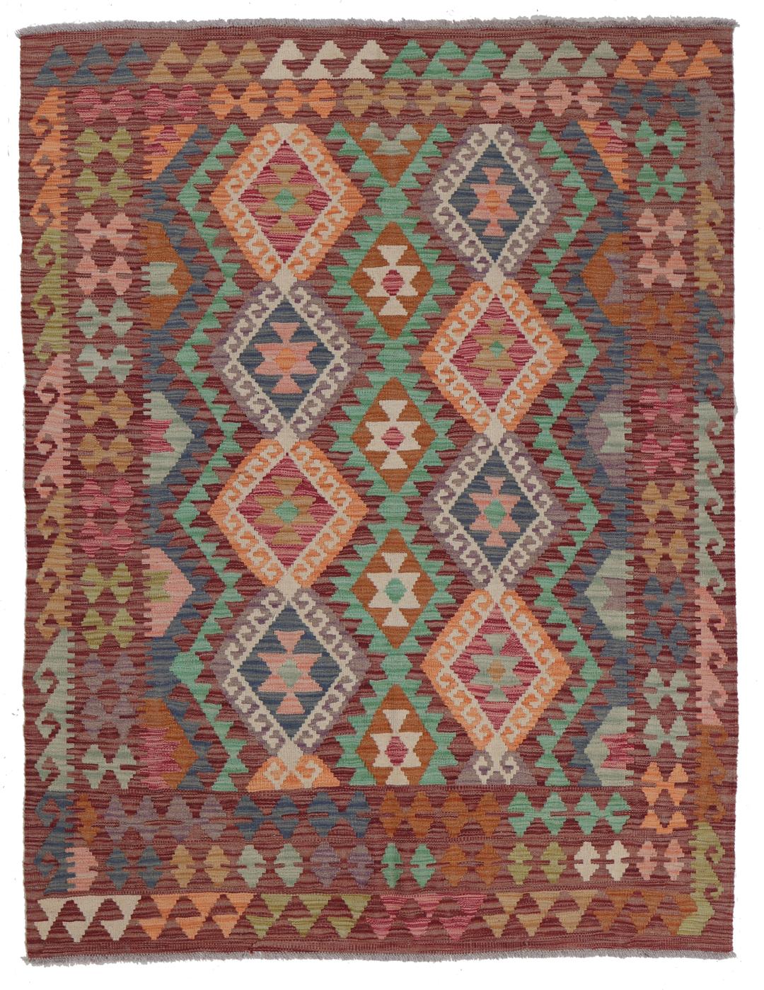 Hand-woven Afghan Kelim rug featuring a vibrant multi-coloured diamond pattern on a dark-red background.