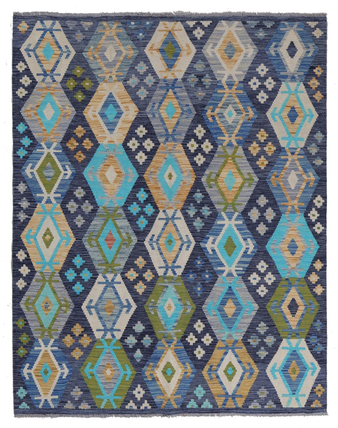 Hand-woven Afghan Kelim rug in shades of blue and teal with geometric diamond patterns