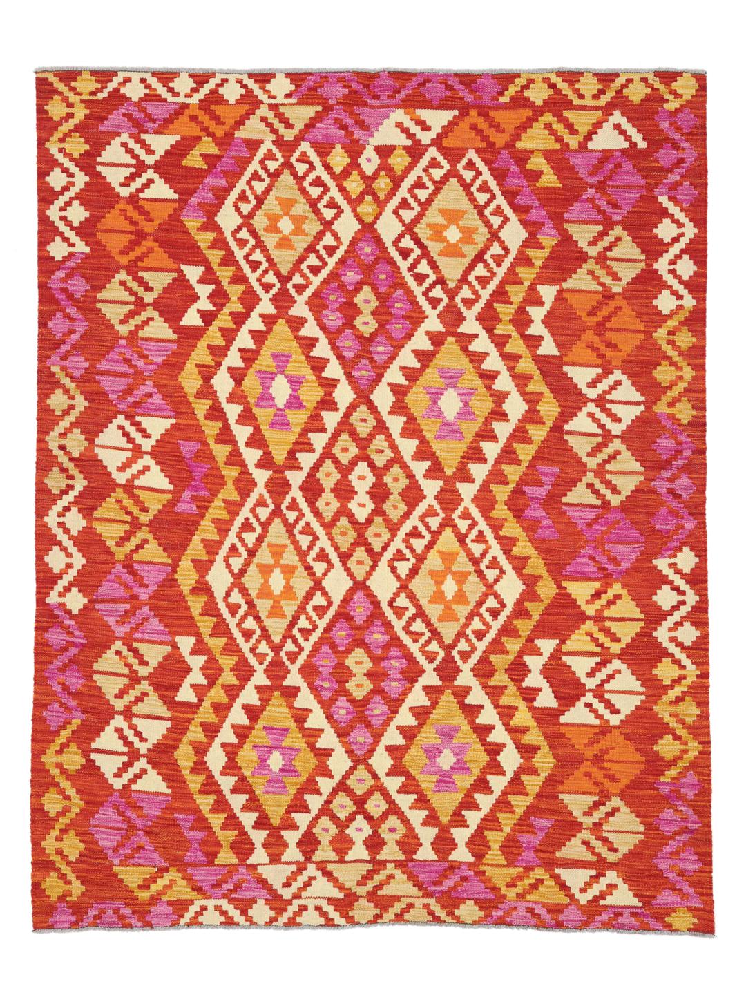 A hand-woven, one-of-a-kind Afghan Kelim rug featuring a vibrant geometric pattern in red, orange, and pink tones.