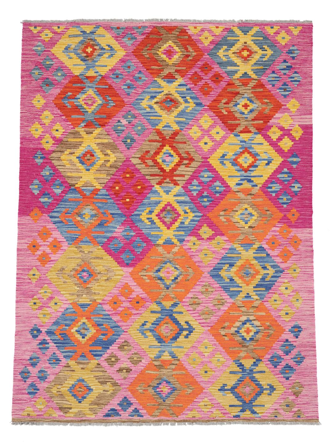 Ręcznie tkany dywan Kelim Afghan Old Style w wielokolorowe geometryczne wzory