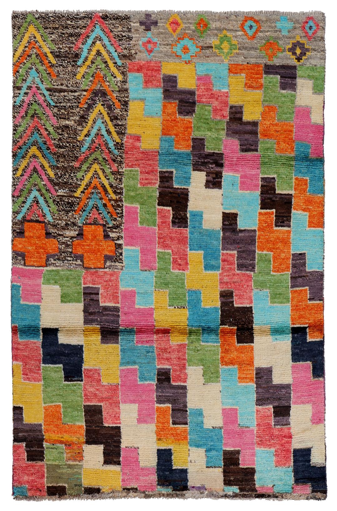 Hand-knotted Afghan rug with a multicolor geometric pattern