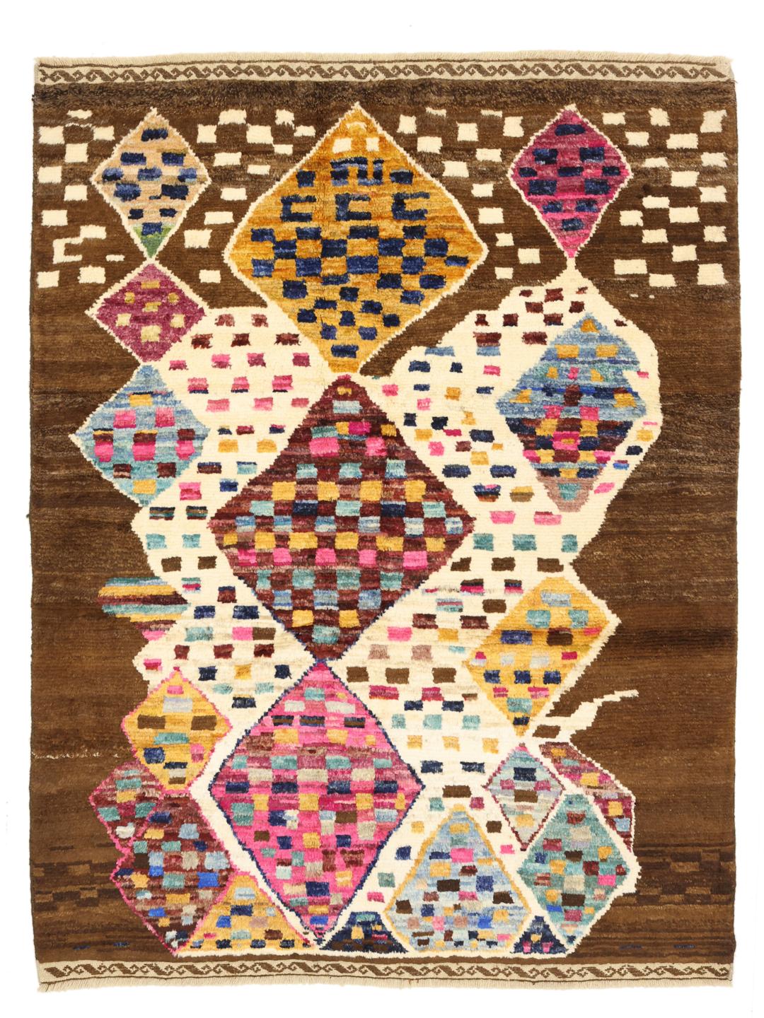 Hand-knotted Berber rug from Afghanistan with colourful diamond patterns on a brown background.