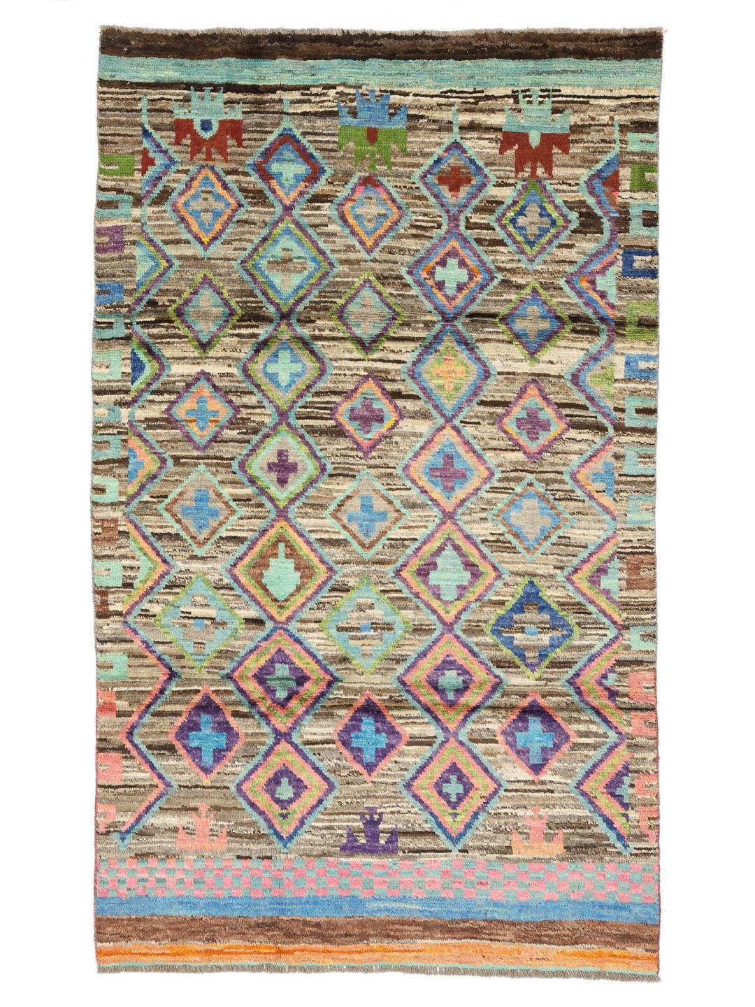 Handgeknoopt Afghaans tapijt met een levendig veelkleurig geometrisch patroon