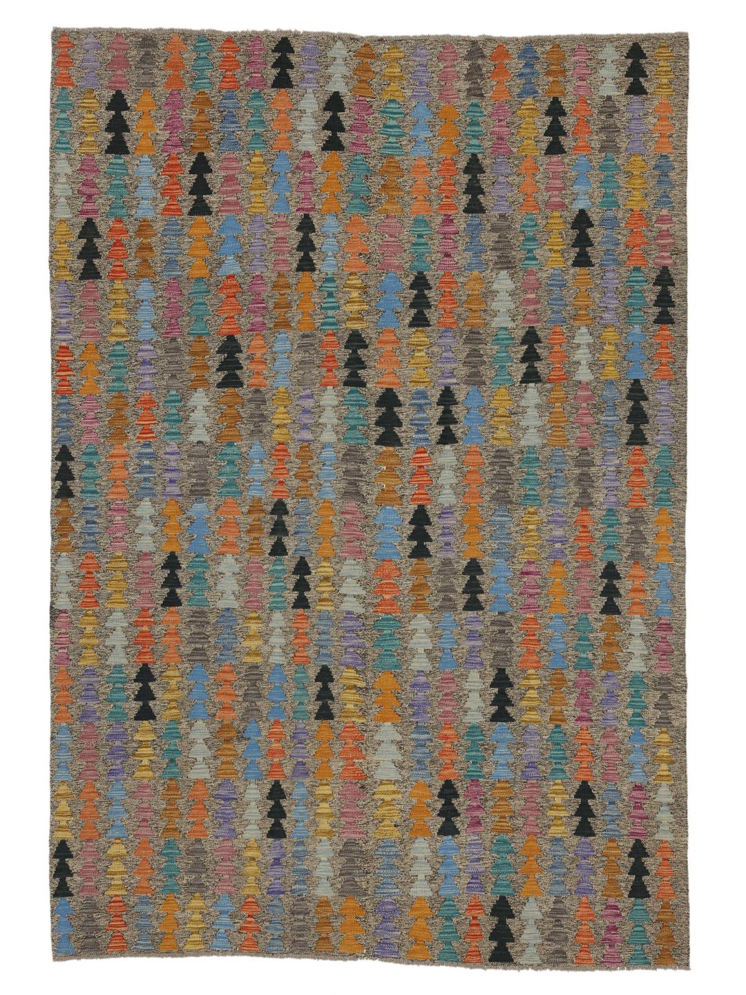 Håndvævet Kelim tæppe fra Afghanistan med et flerfarvet geometrisk motiv på beige baggrund