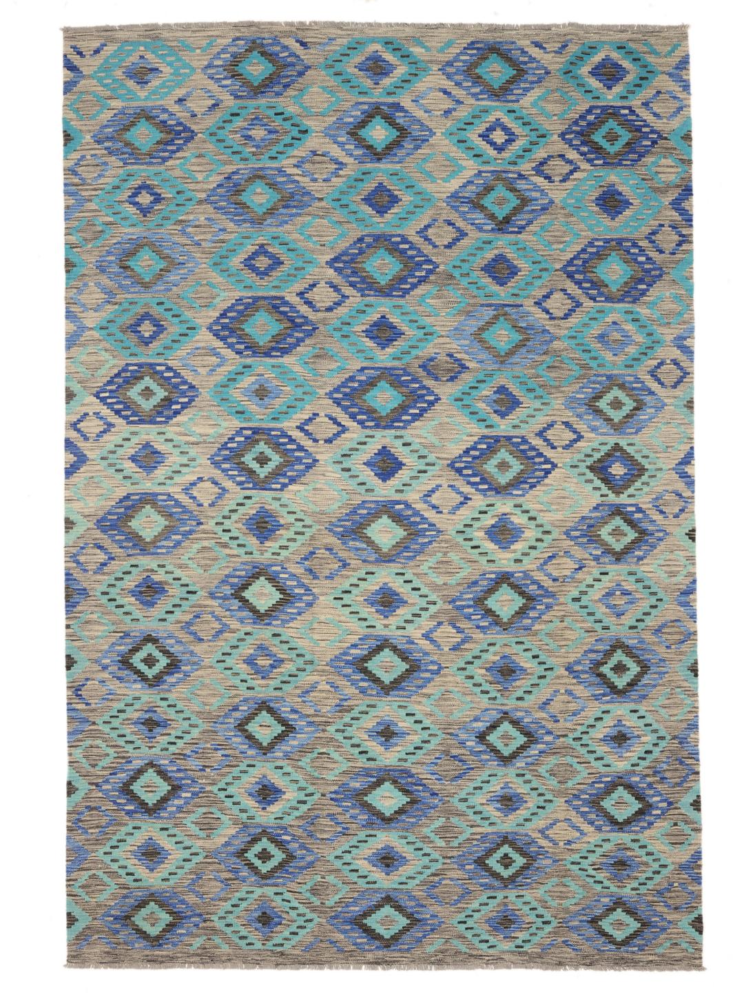 Handgeweven blauw en teal Afghaanse Kelim met geometrische ruitpatronen