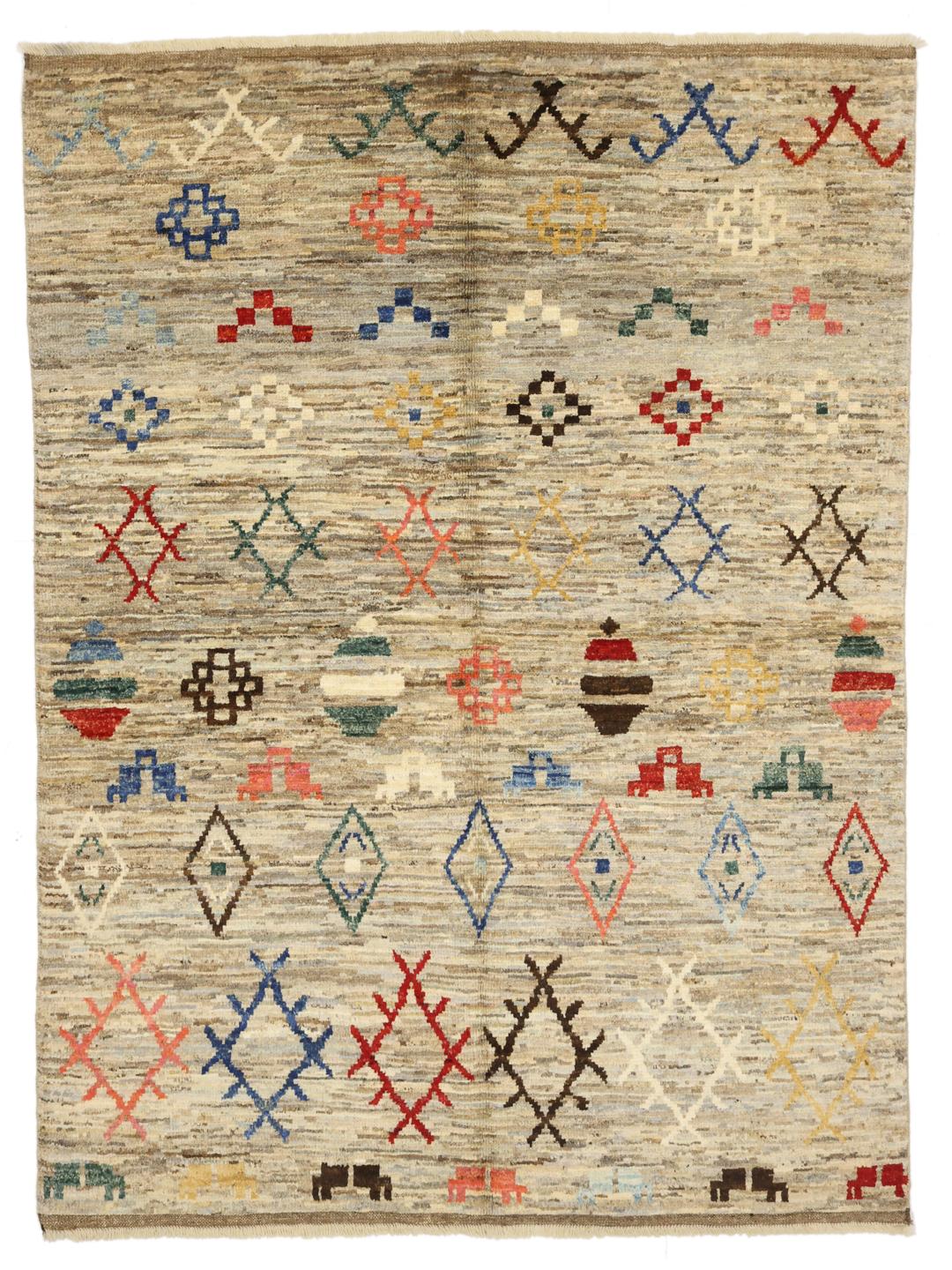 Hand-knotted Afghan rug with a beige field and colourful geometric motifs