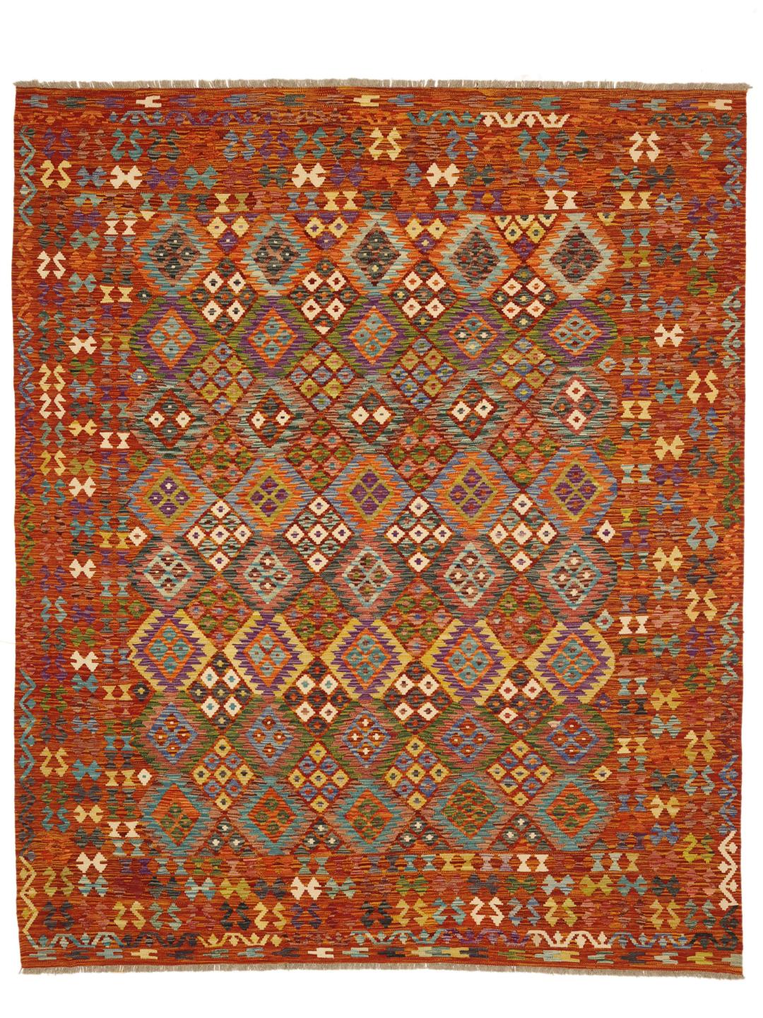A hand-woven Afghan kelim rug featuring a vibrant red field with intricate geometric patterns.