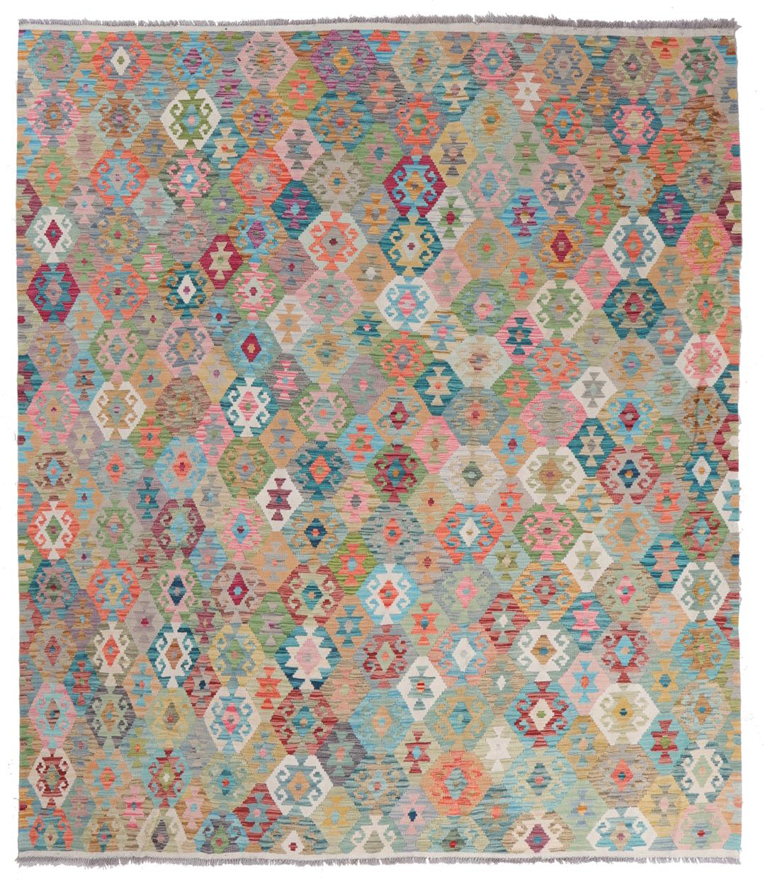 Handgewebter Afghan Kelim mit lebendigem, mehrfarbigem geometrischem Muster