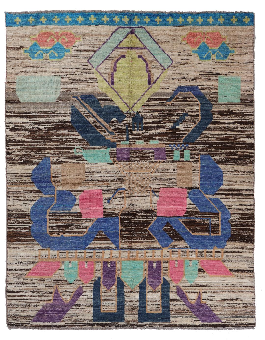 Hand-knotted Afghan rug with colourful artistic motifs on a brown background