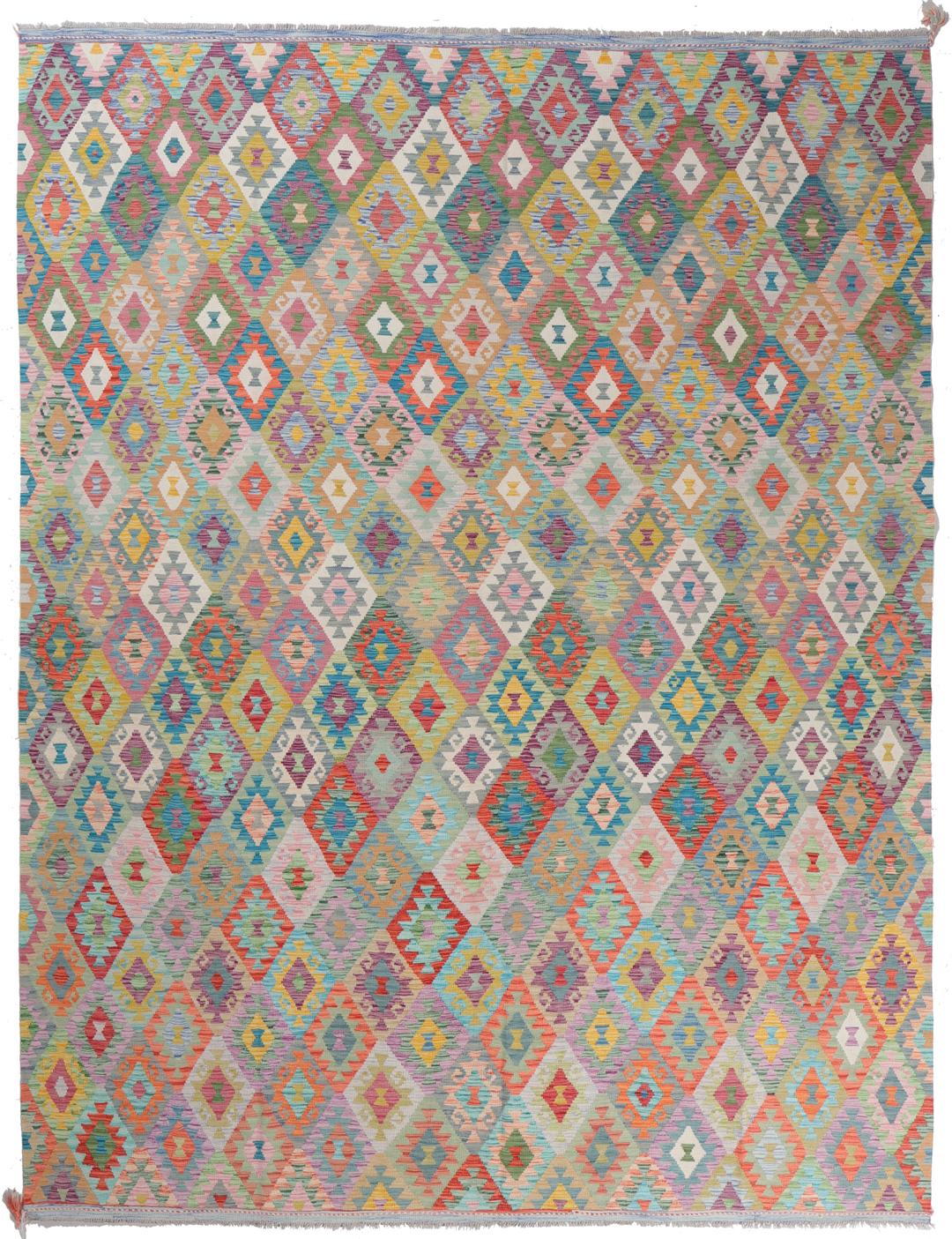 Tapis Kelim afghan tissé à la main avec un motif géométrique en losange coloré