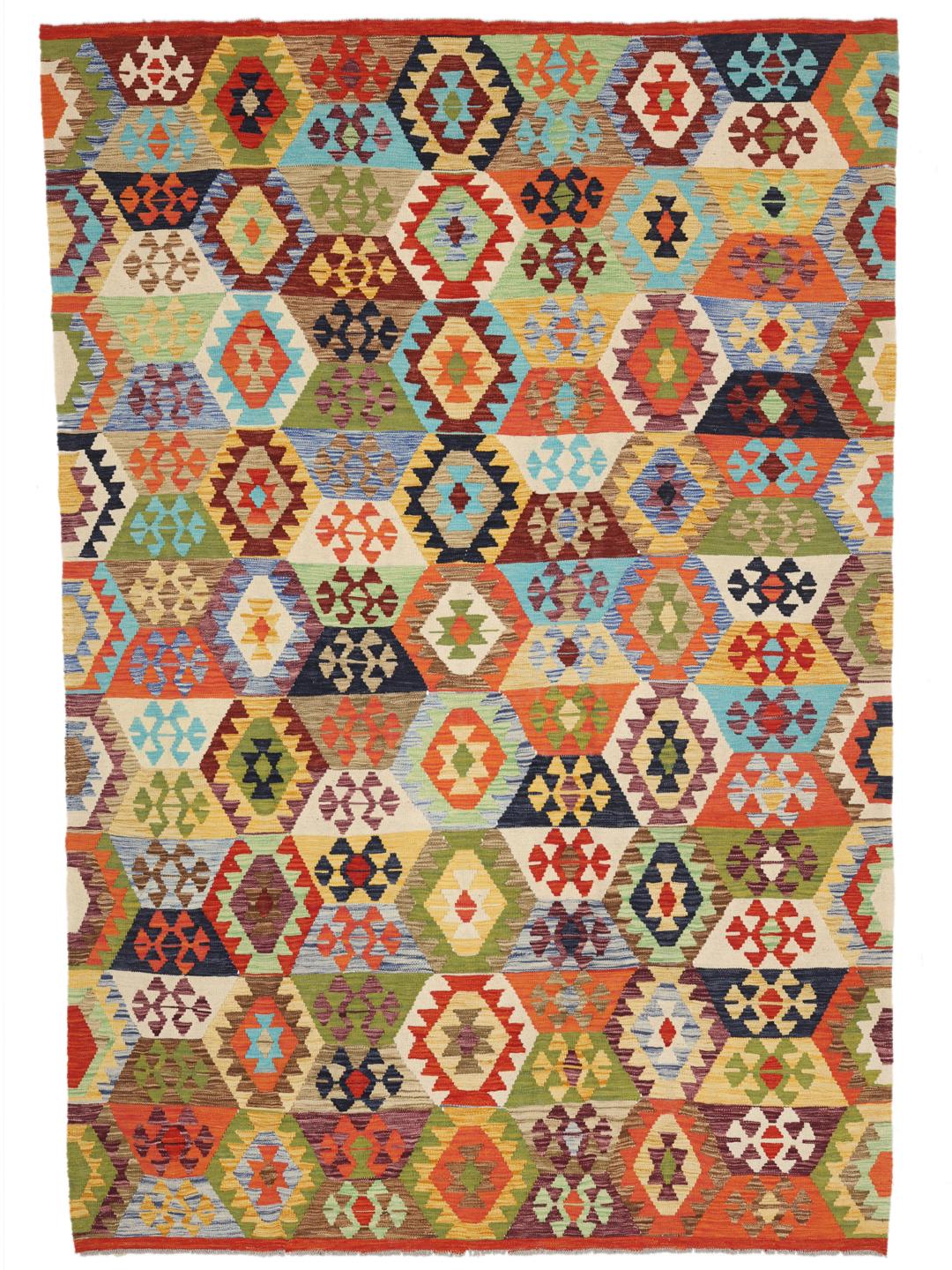 Hand-woven Afghan Kelim rug in vibrant multicolor geometric patterns