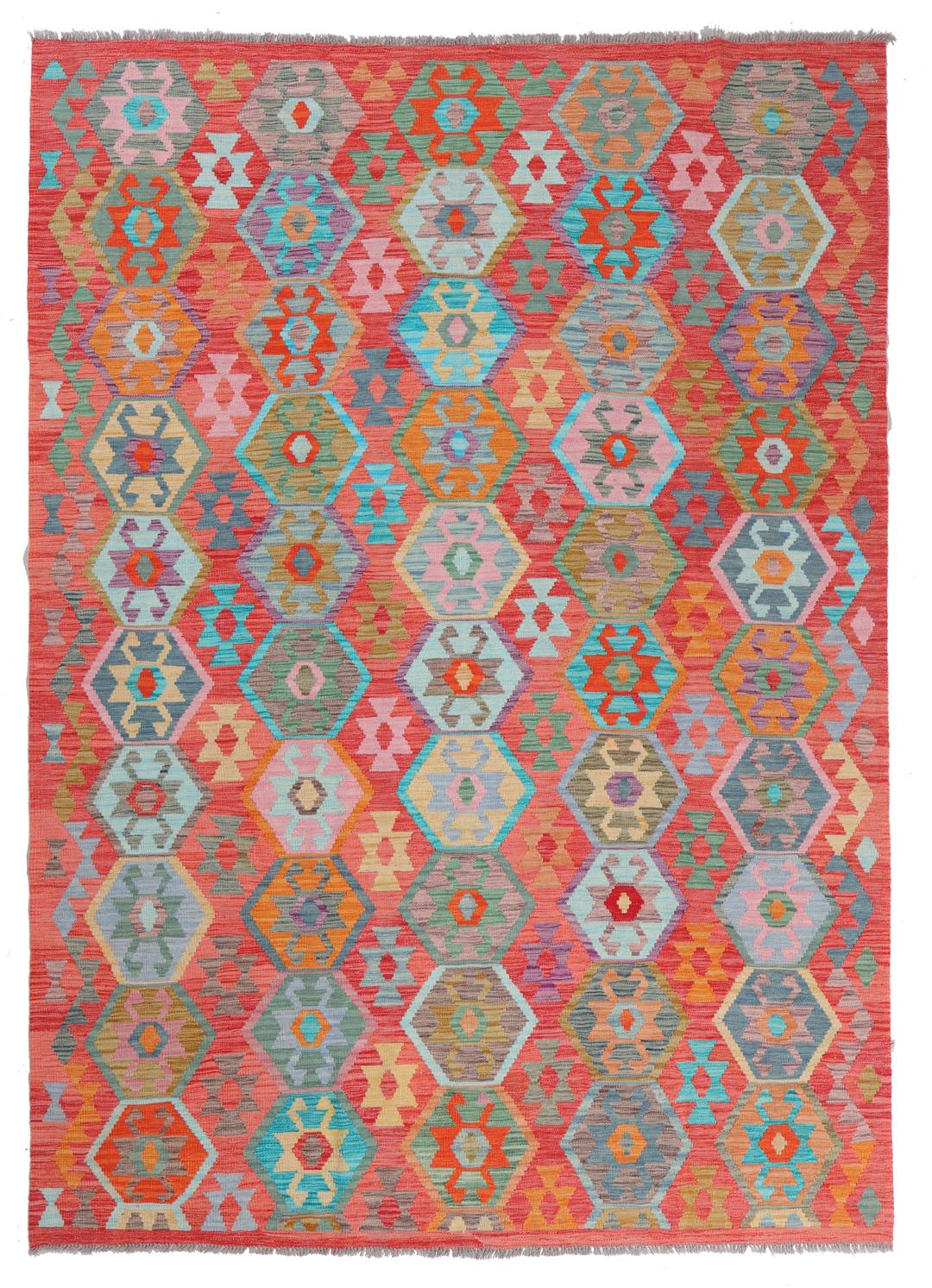 Handmade Kelim rug from Afghanistan with a colourful geometric pattern in red and multicolour tones.