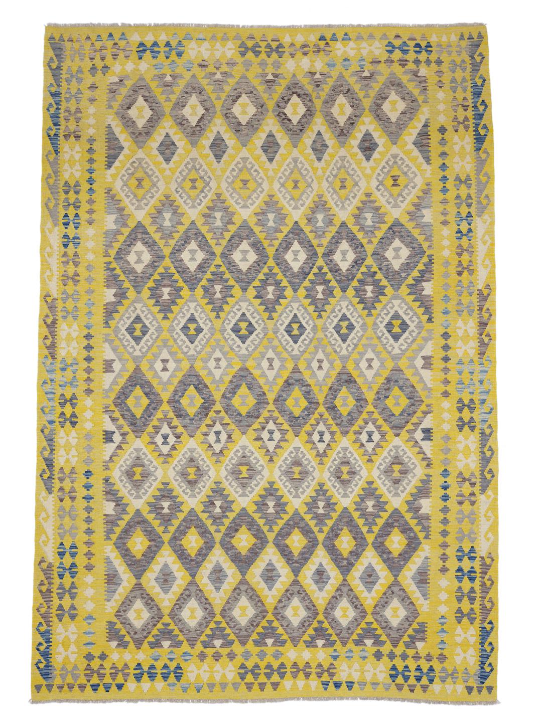 Hand-woven Afghan Kelim rug with vibrant yellow and grey geometric patterns