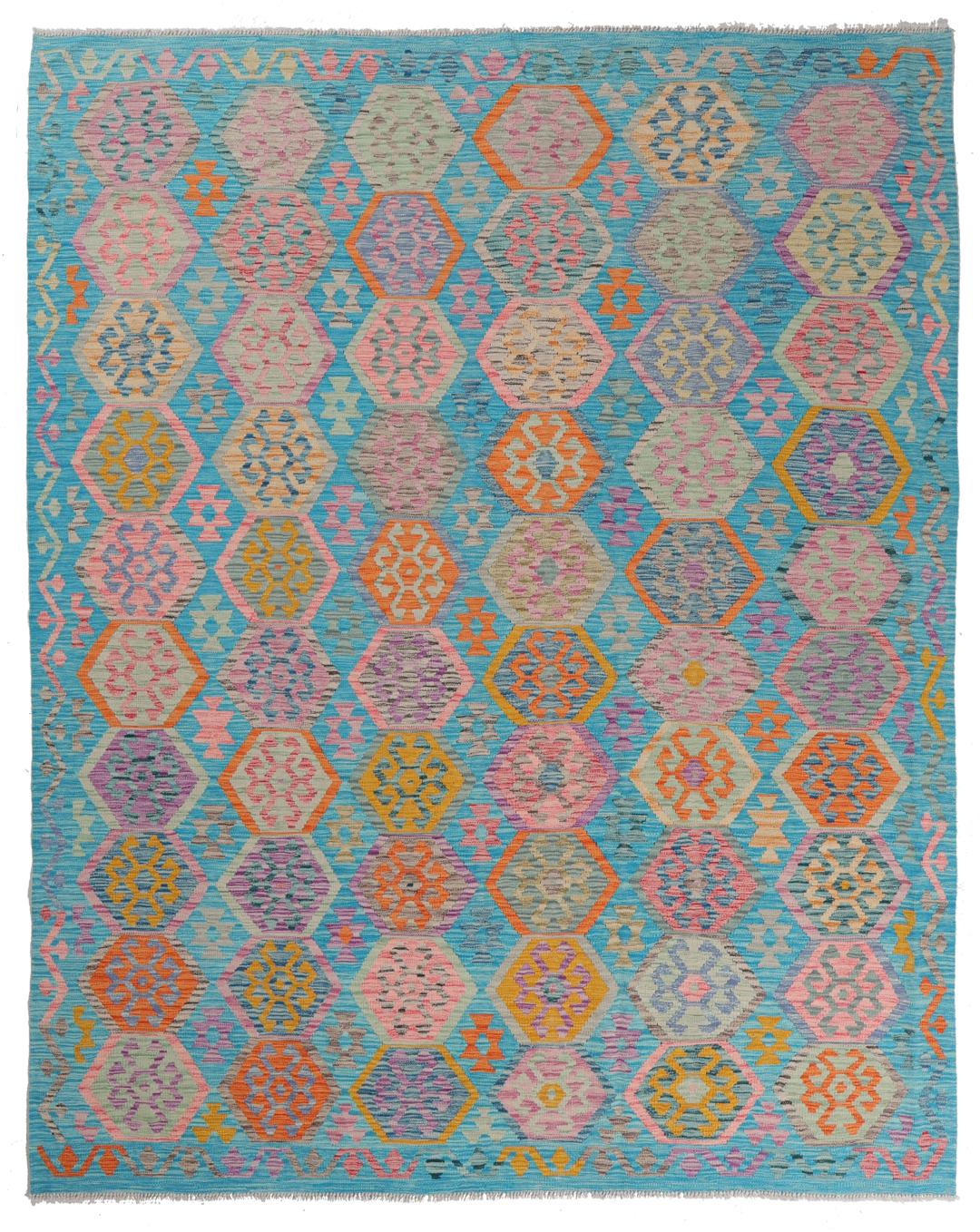 Handgeweven Kelim Afghan Old Style tapijt met levendige geometrische patronen in blauwtinten.