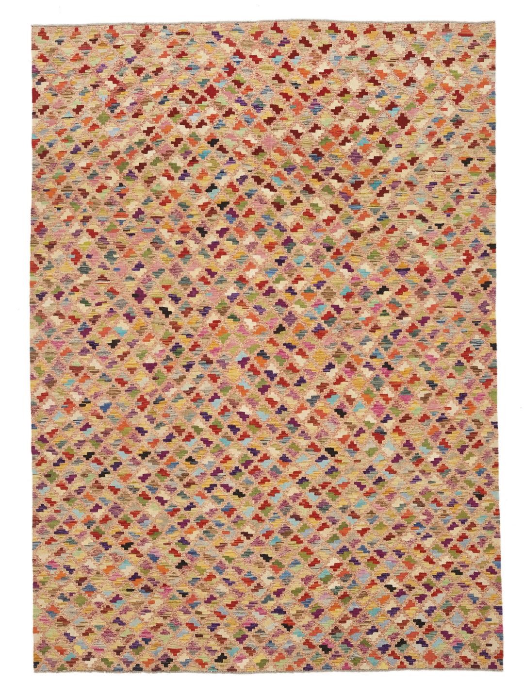 A large, one-of-a-kind Afghan Kelim rug with a vibrant, multicolored geometric pattern.