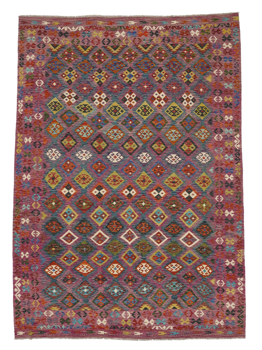 A hand-woven, one-of-a-kind Afghan kelim rug featuring a vibrant, multicoloured geometric pattern.