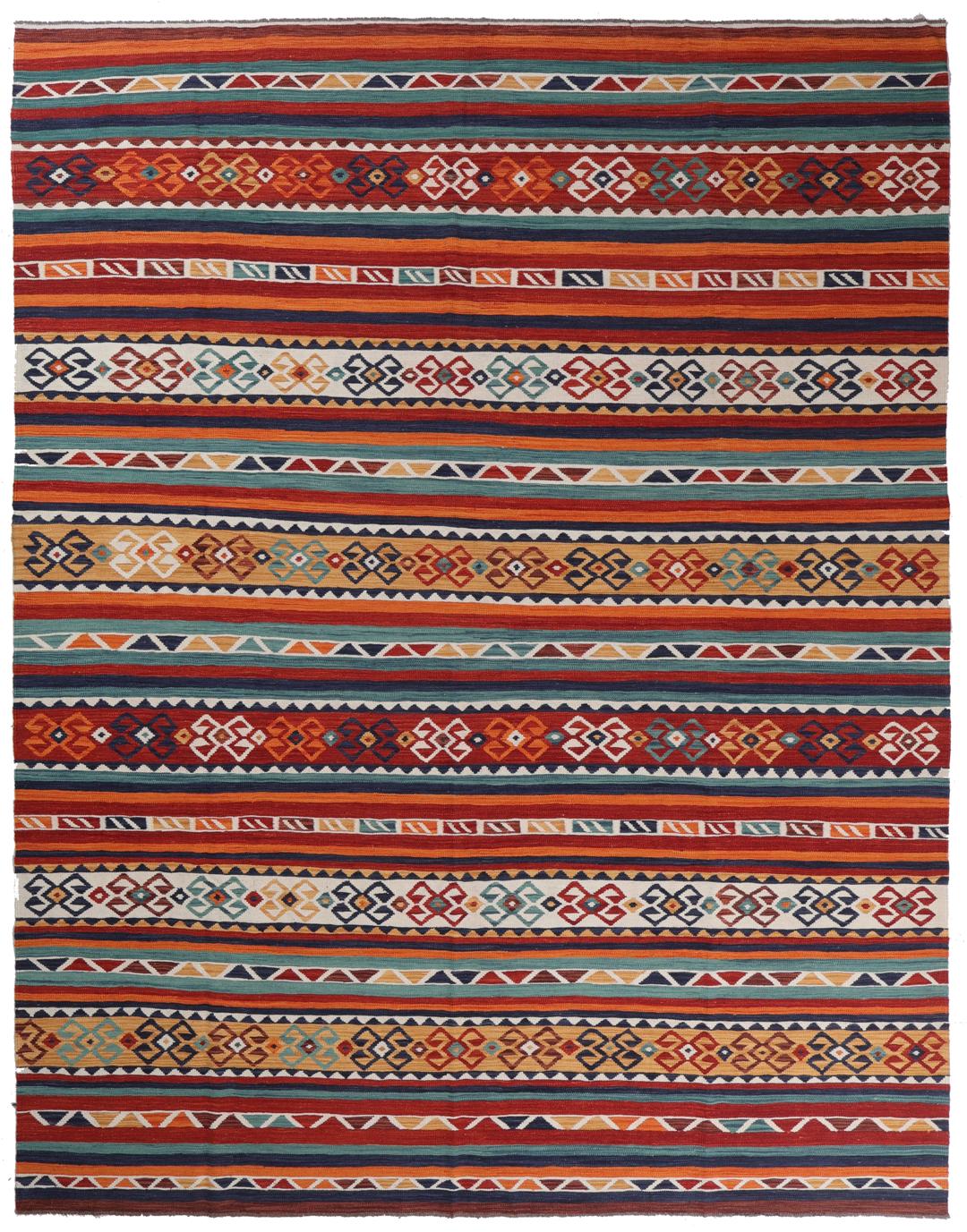 Tapis Kelim afghan tissé à la main présentant un motif rayé vibrant en laine multicolore