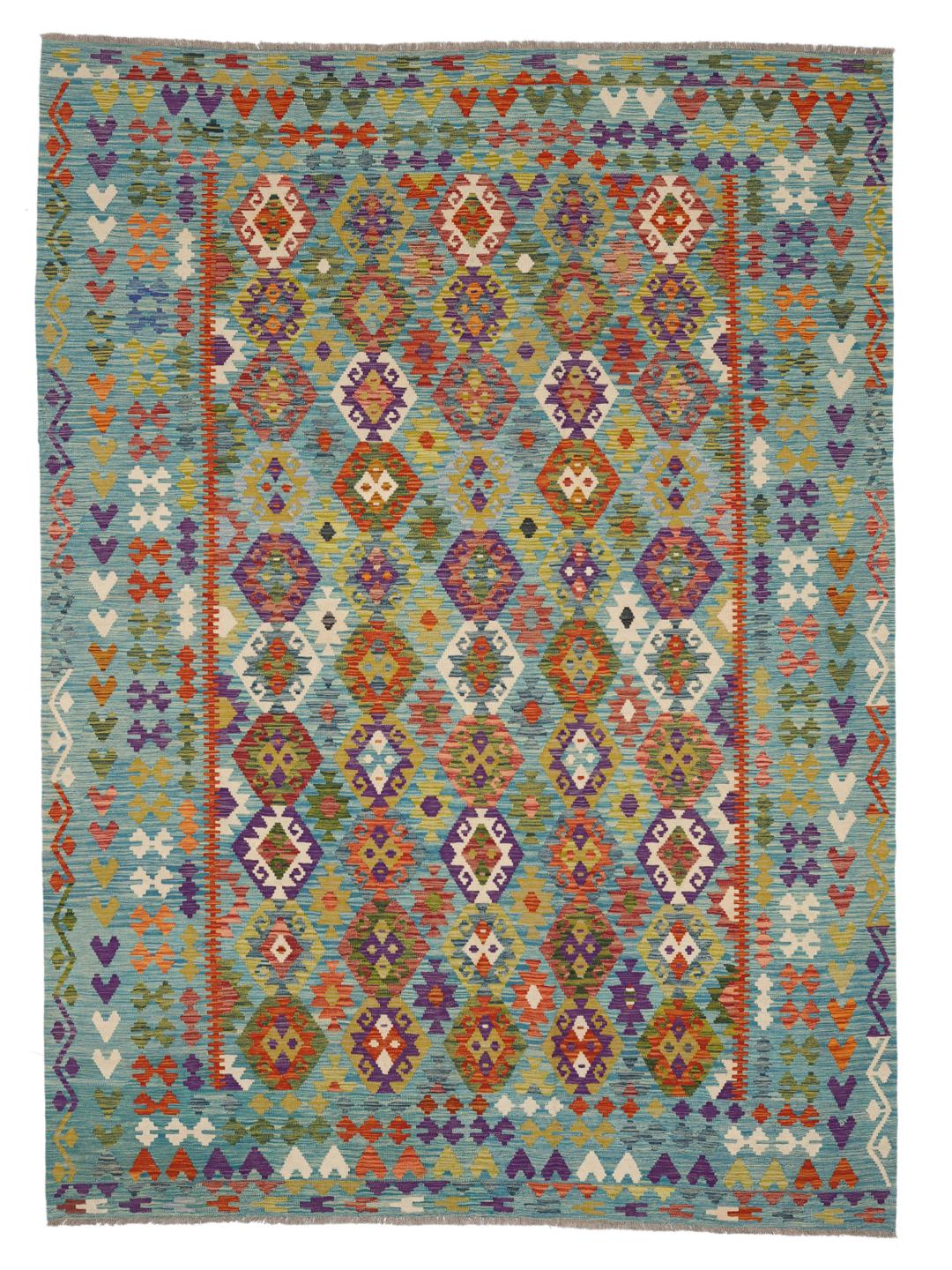 Hand-woven Afghan Kelim rug with a vibrant geometric pattern in blue and multi-coloured accents.