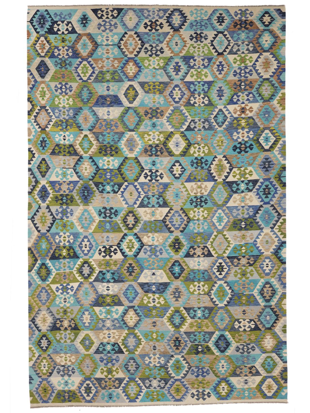 Handgeweven Afghaans Kelim tapijt met een geometrisch patroon in blauw en groen