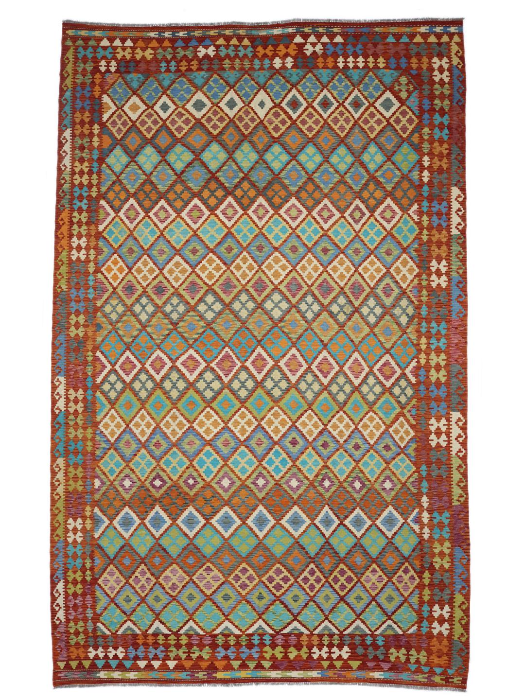 Handgeweven Afghan Kelim tapijt met levendige multicolor geometrische diamantpatronen