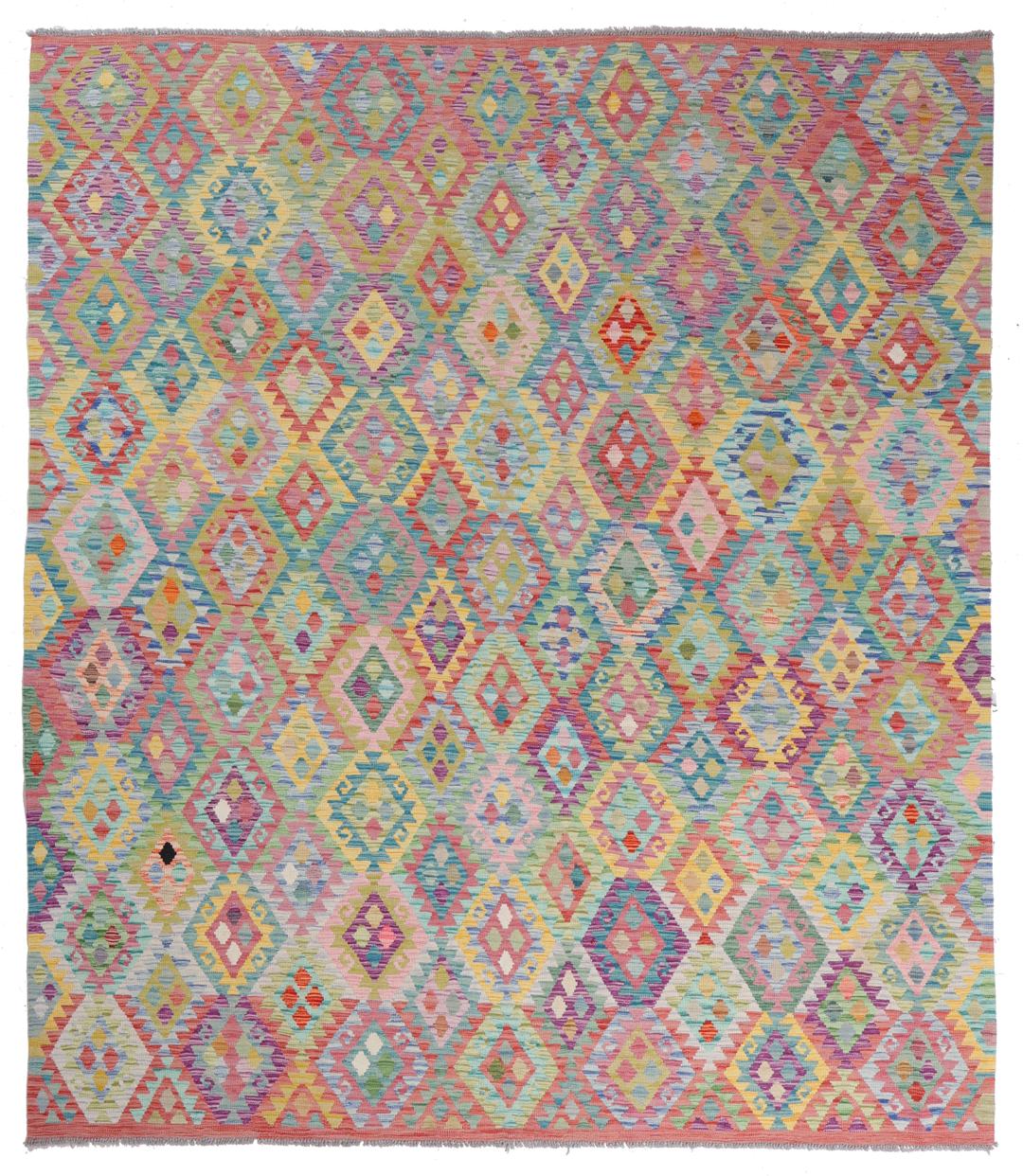 A vibrant, hand-woven Afghan Kelim rug featuring a colourful diamond pattern