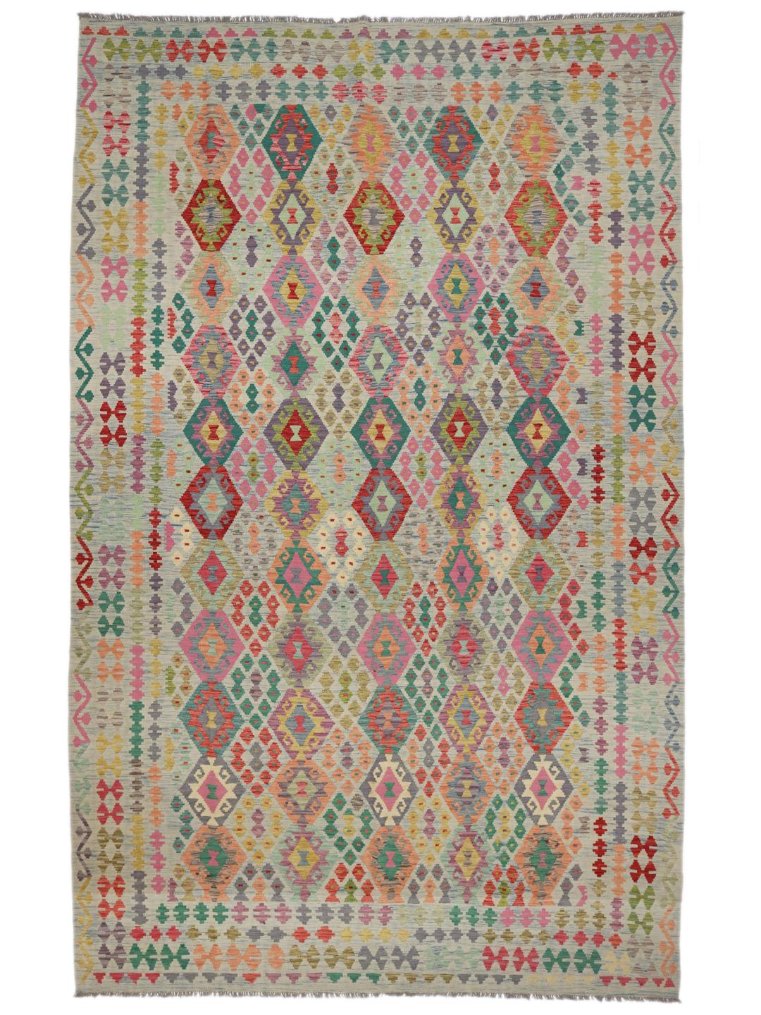 Een groot, met de hand geweven Kelim Afghan Old Style kleed met een levendig geometrisch patroon in multicolor Wol.