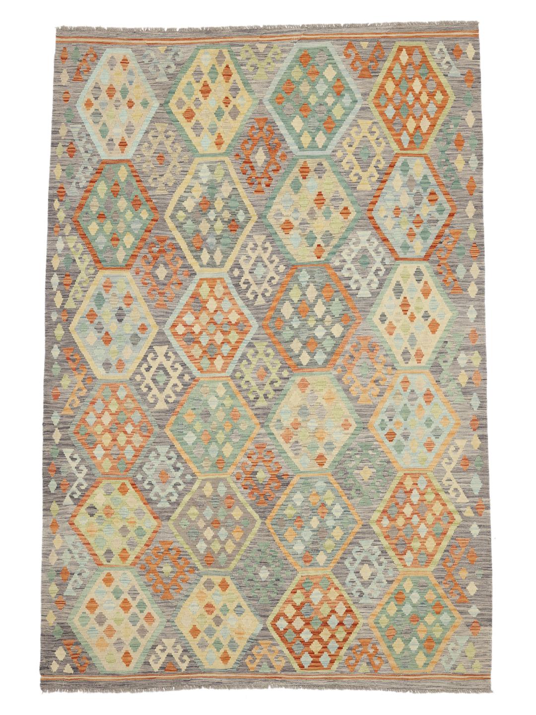 Hand-woven Afghan Kelim rug with geometric patterns in multicolour Wool.