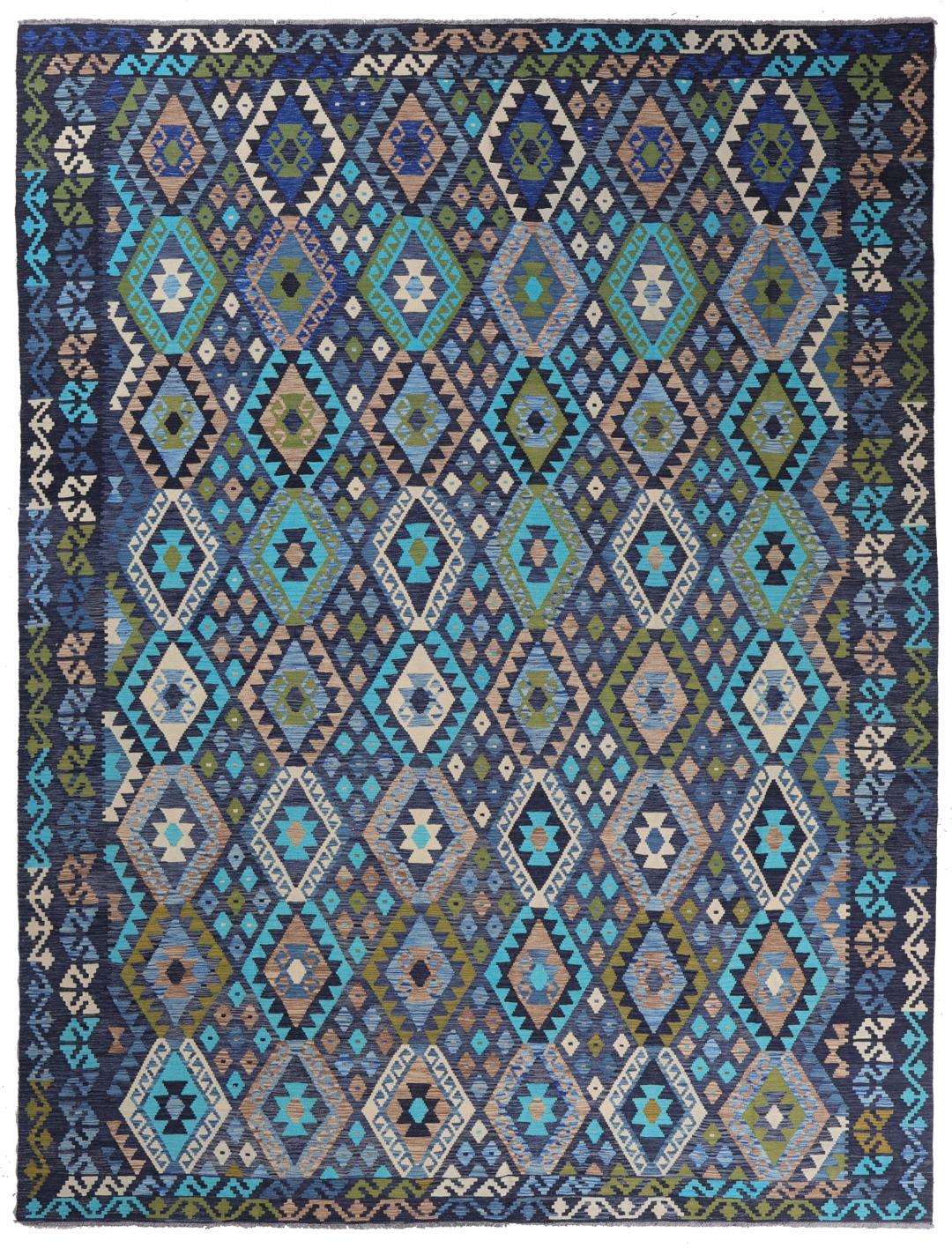 Håndvævet afghansk Kelim tæppe med geometriske diamantmotiver i blå og jordnære nuancer