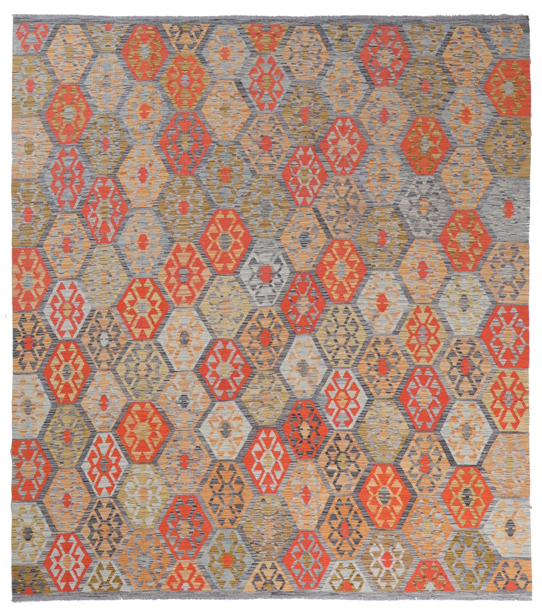 Hand-woven Afghan Kelim rug with geometric patterns in multicolour