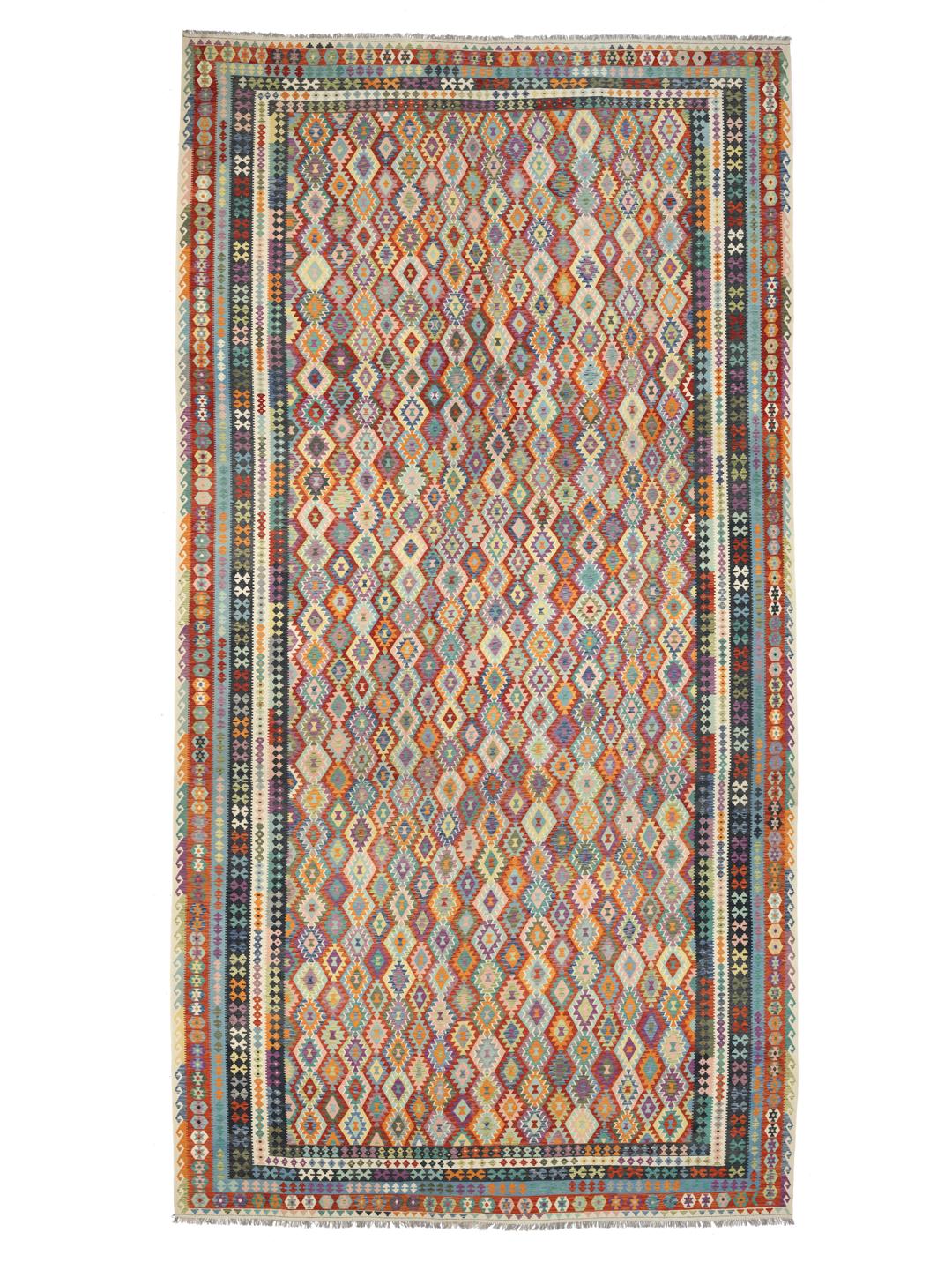 Handgeweven Afghaans Kelim-tapijt met een levendig veelkleurig geometrisch patroon