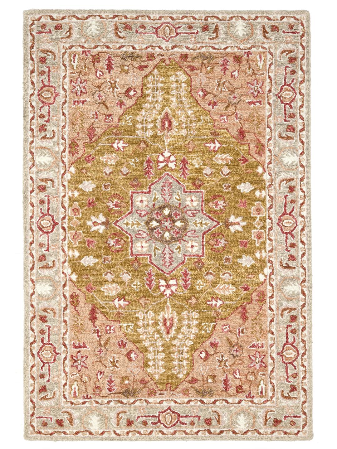 Handgetuft wolvloerkleed in lichtroze en mosterdgeel met traditionele motieven