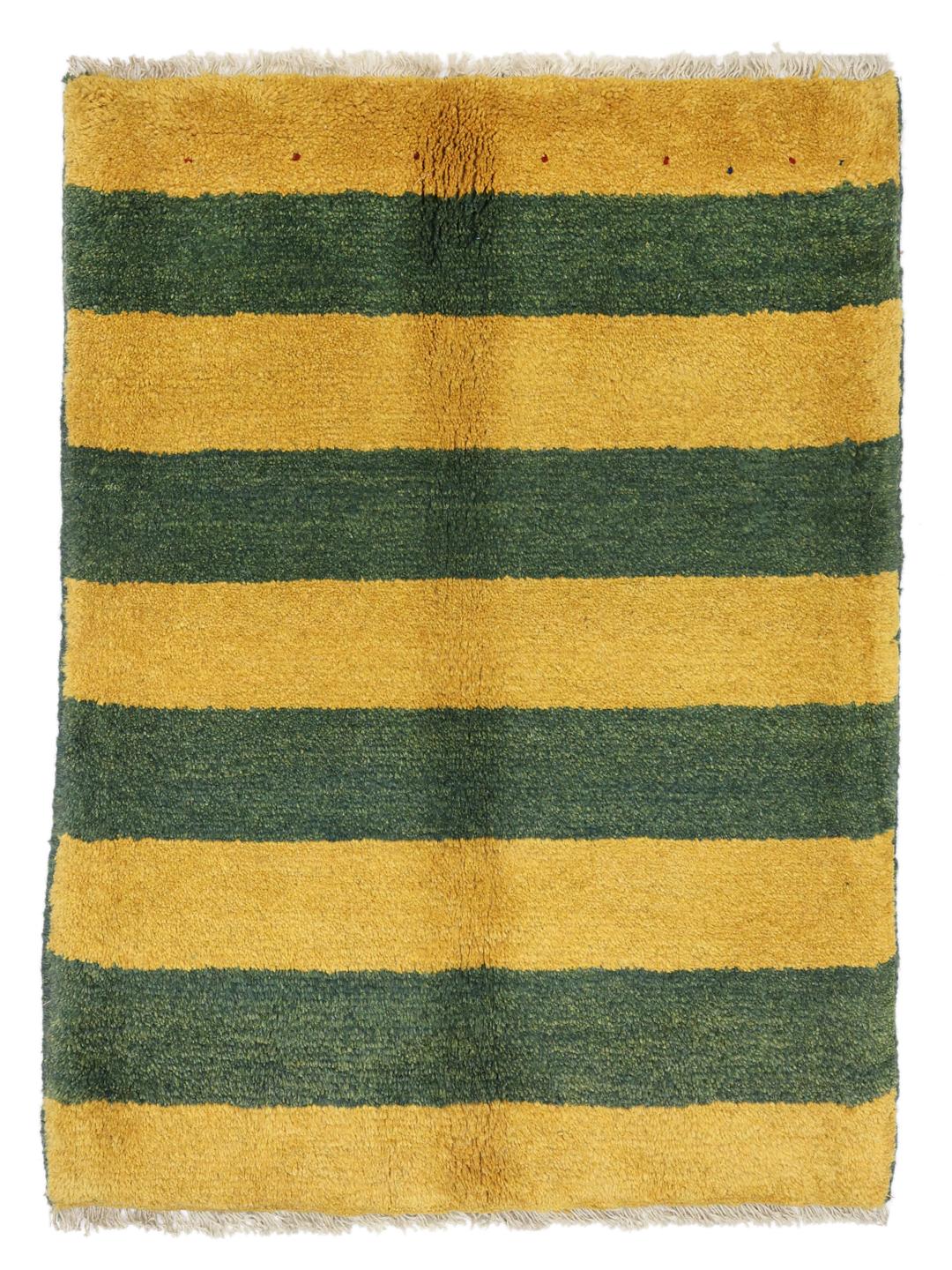 Handgeknoopt Gabbeh Fine vloerkleed met groene en gele strepen uit het Midden-Oosten