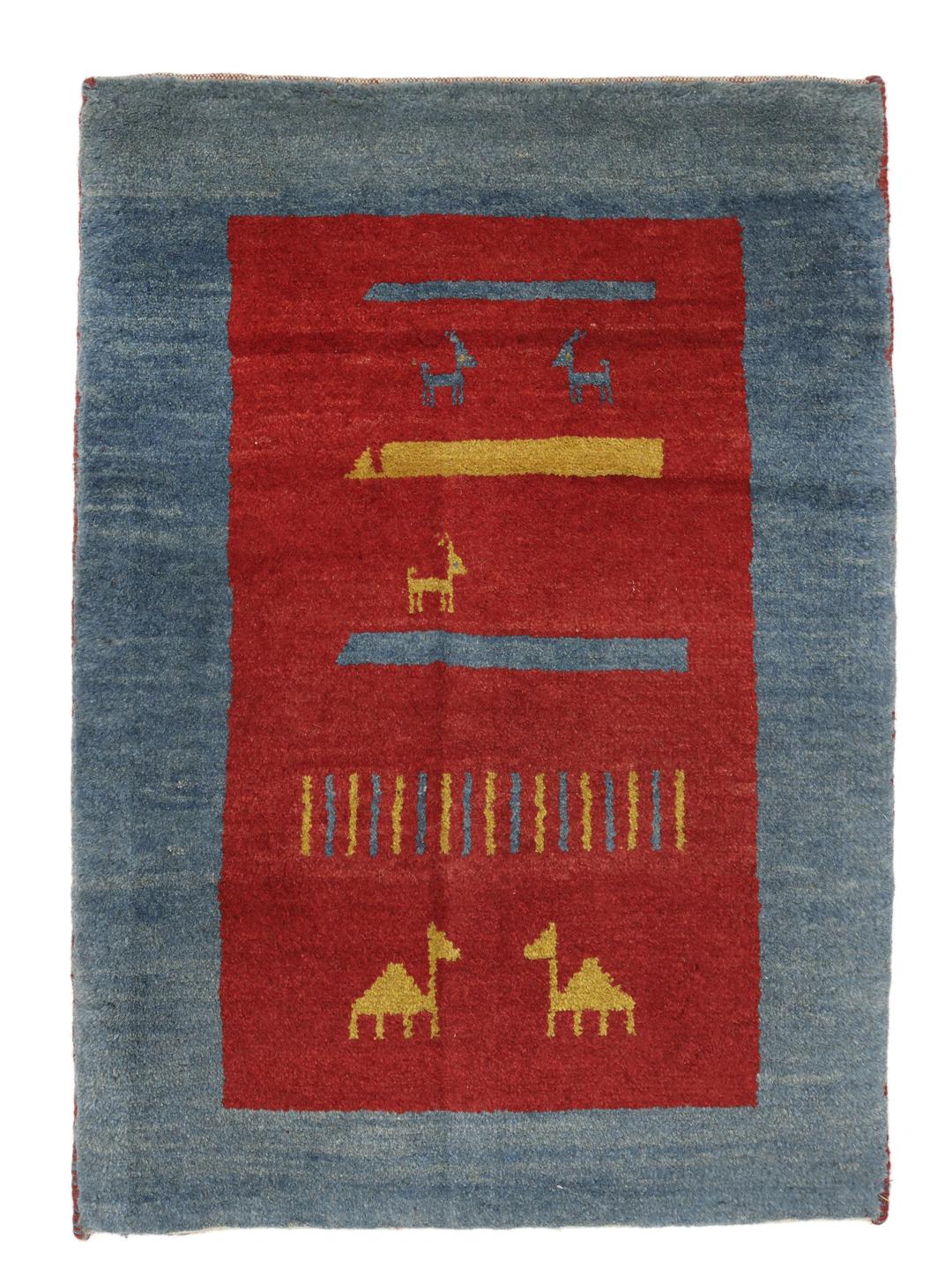 Handgeknoopt Gabbeh-tapijt met diermotieven in rood en blauw uit het Midden-Oosten