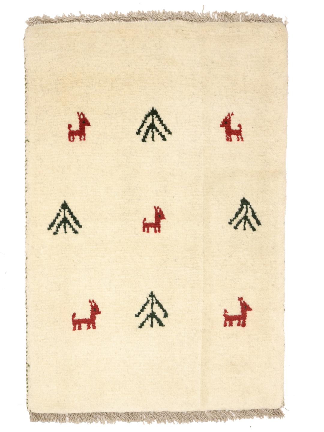 Handgeknoopt Gabbeh-tapijt uit het Midden-Oosten in beige met dieren- en boommotieven
