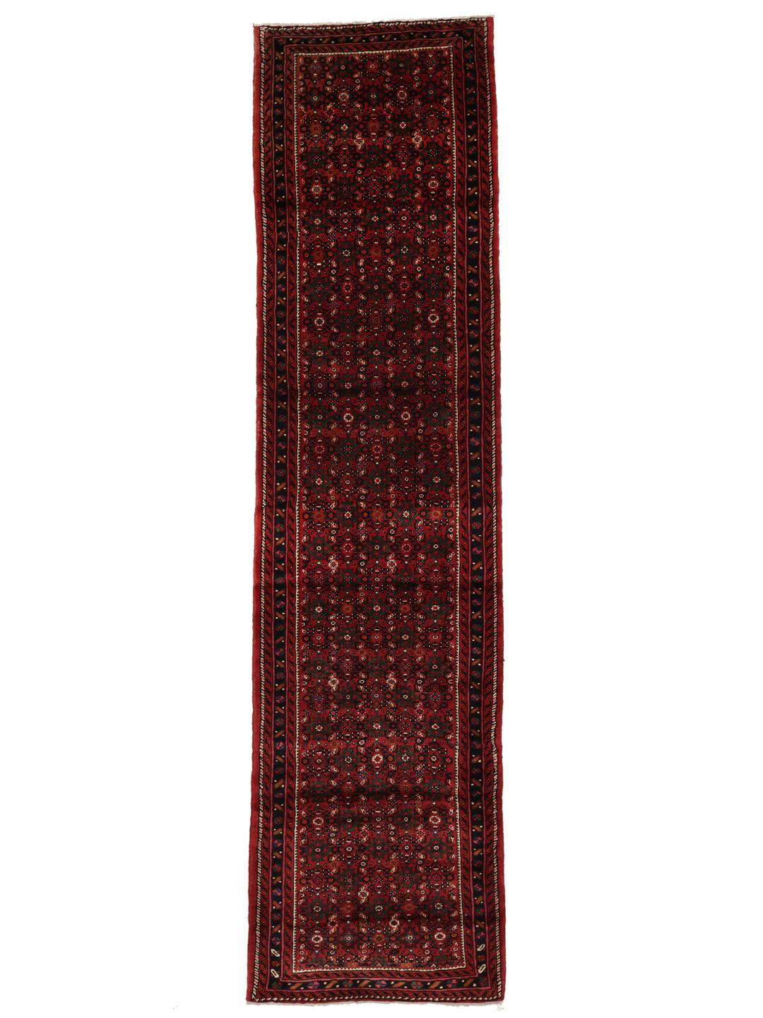 A long, hand-knotted Hosseinabad runner with a dark-red Wool pile and traditional Middle Eastern motifs.