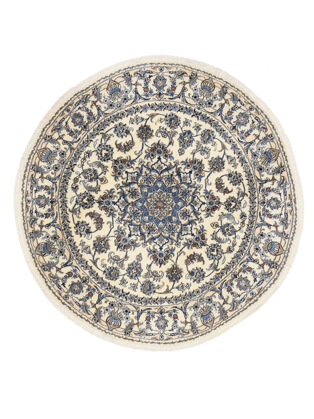 Tapis rond Nain du Moyen-Orient présentant des motifs floraux beiges et bleus.