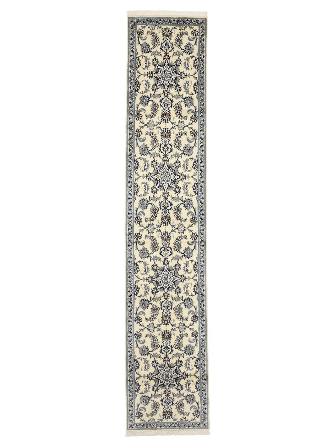 Hand-knotted Nain runner with floral patterns in beige and blue