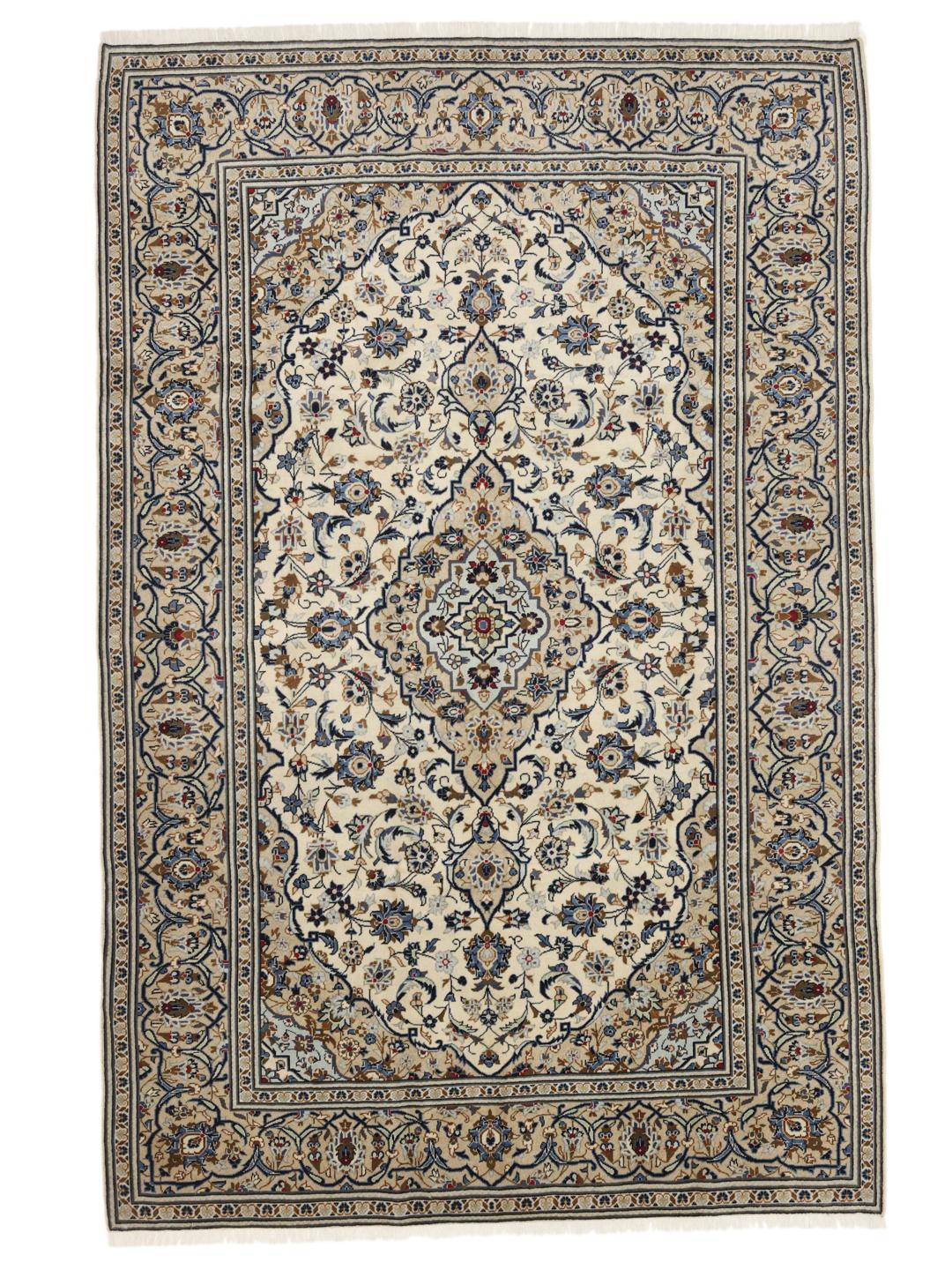 Hand-knotted Keshan rug from the Middle East in beige and blue