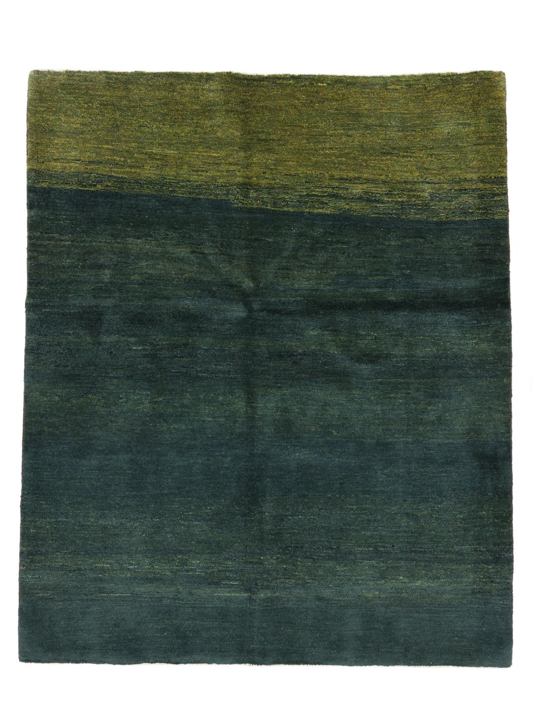 Håndknyttet Gabbeh-tæppe fra Mellemøsten med et mørkegrønt og lysegrønt ombre-design.