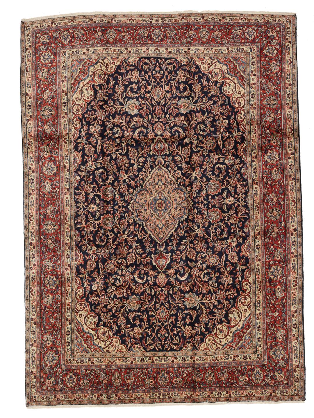 Hand-knotted Hamadan rug from the Middle East in dark-blue and red