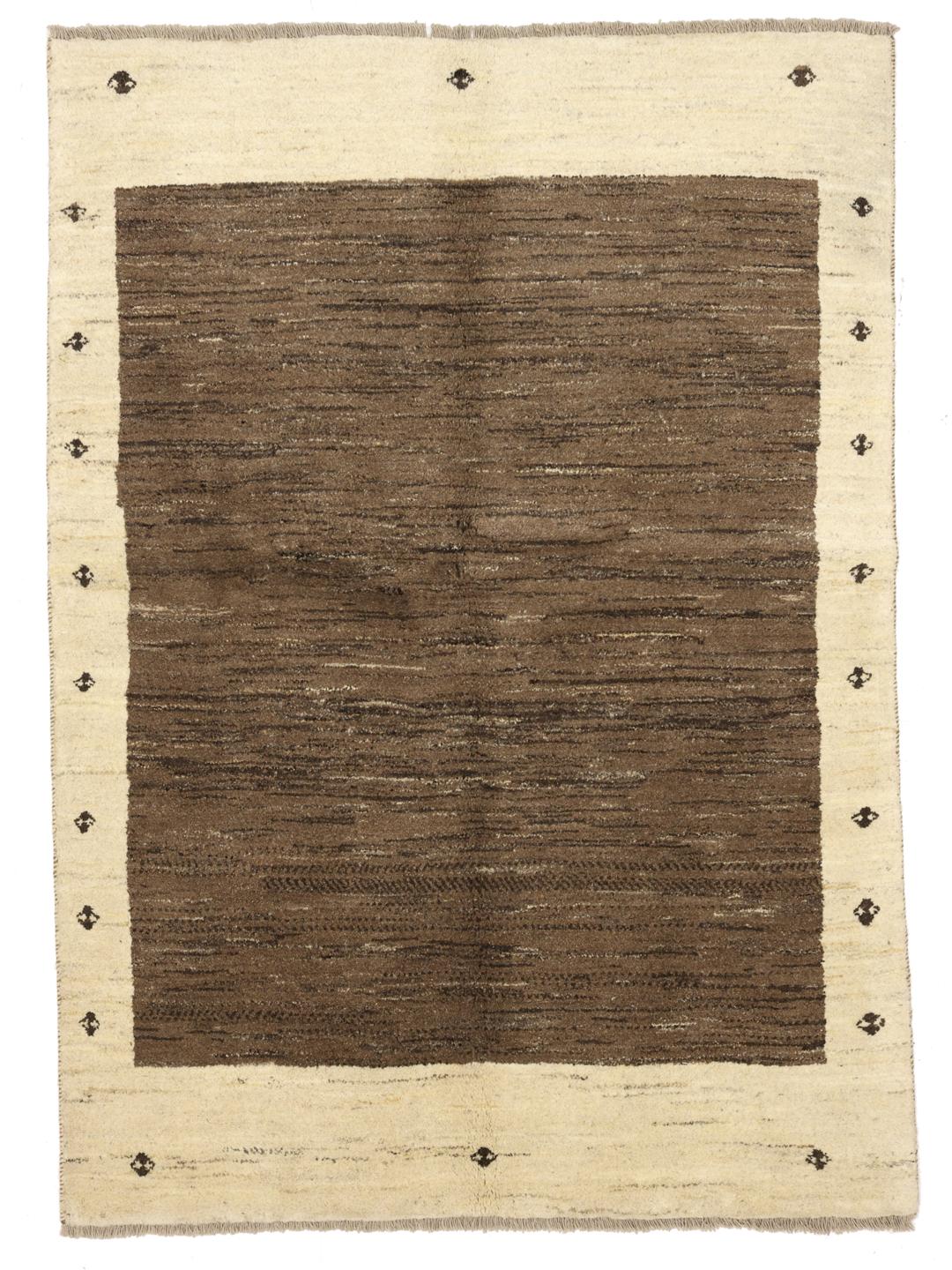 Hand-knotted Gabbeh rug with a brown field and beige border, Middle Eastern origin.