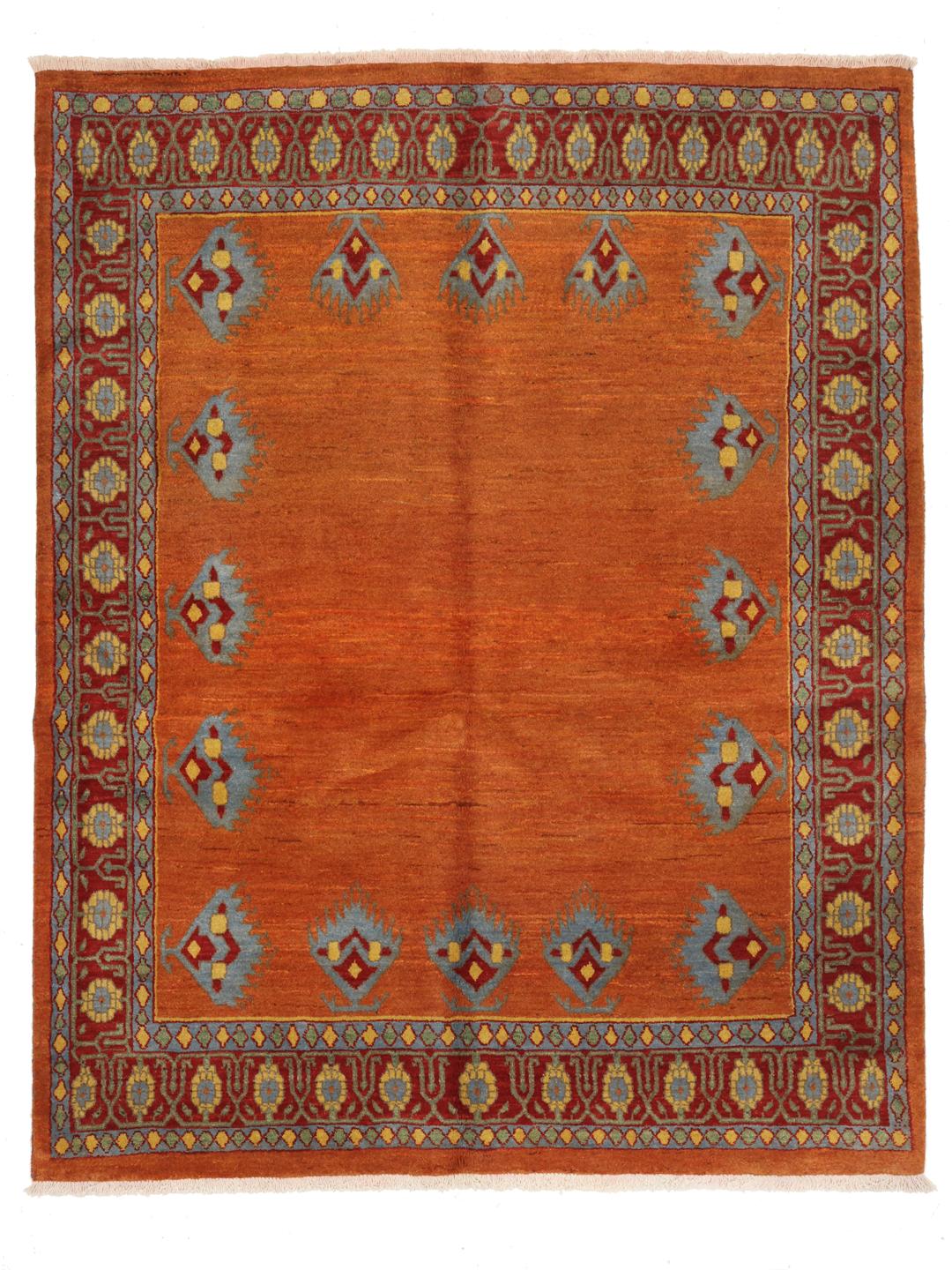 Hand-knotted Loribaft rug with a red field and geometric motifs