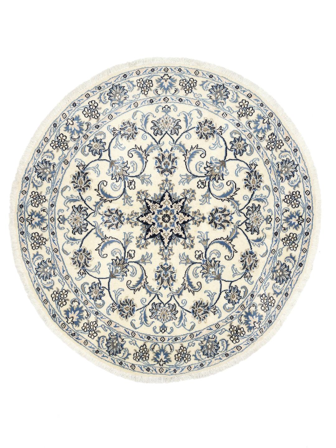 Rond Nain-tapijt uit het Midden-Oosten met bloemmotieven in blauw en wit