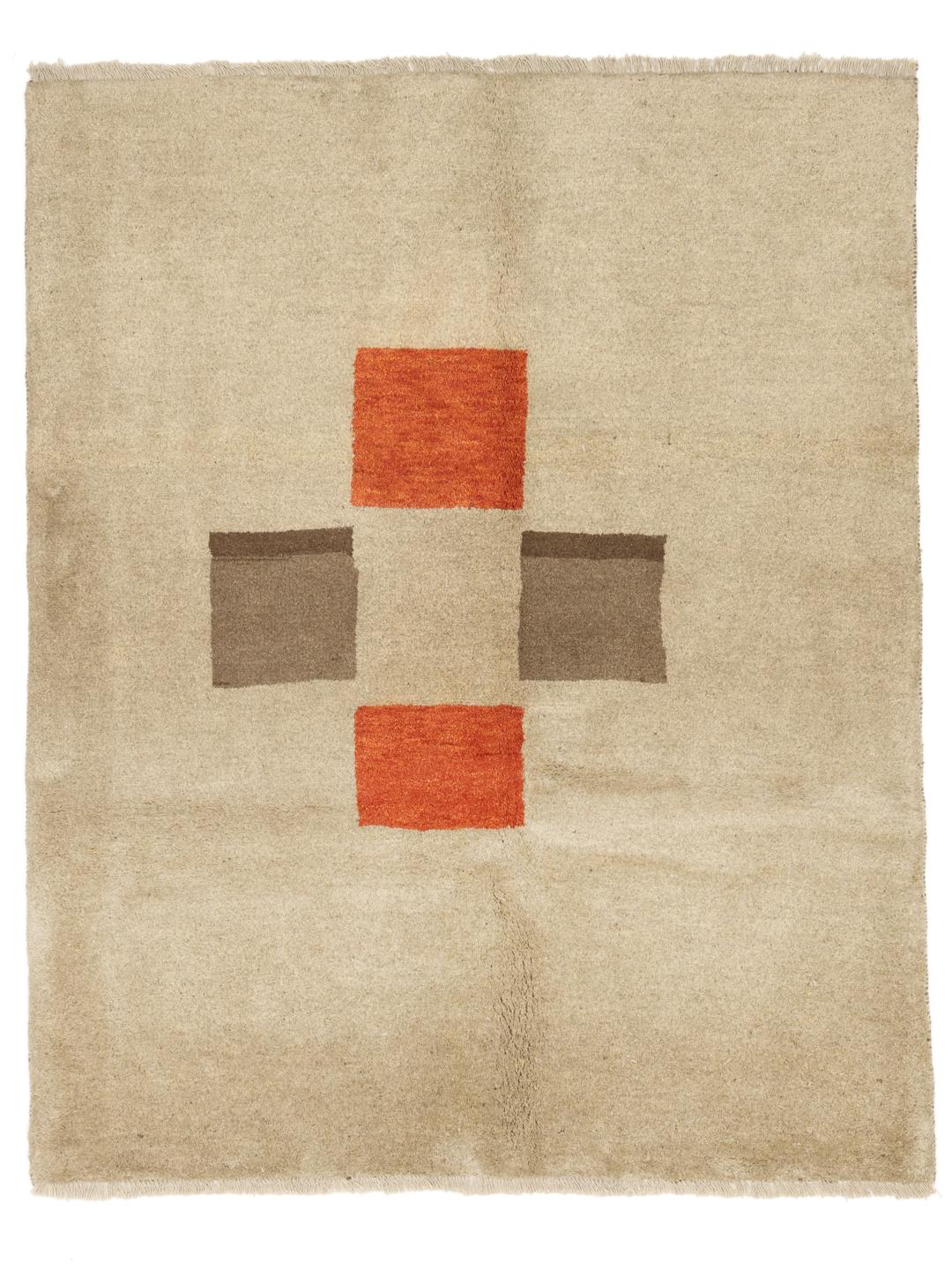 Håndknyttet Gabbeh-tæppe fra Mellemøsten med en beige flade og geometriske røde og brune accenter.