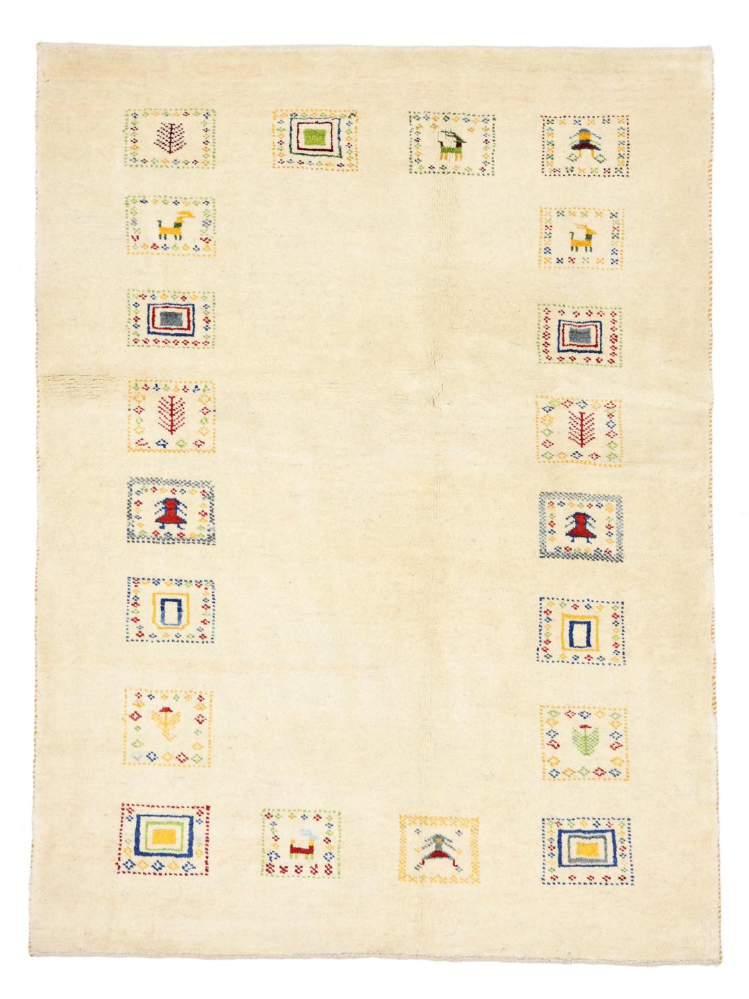 Hand knotted Gabbeh rug from the Middle East with a beige background and colourful motifs
