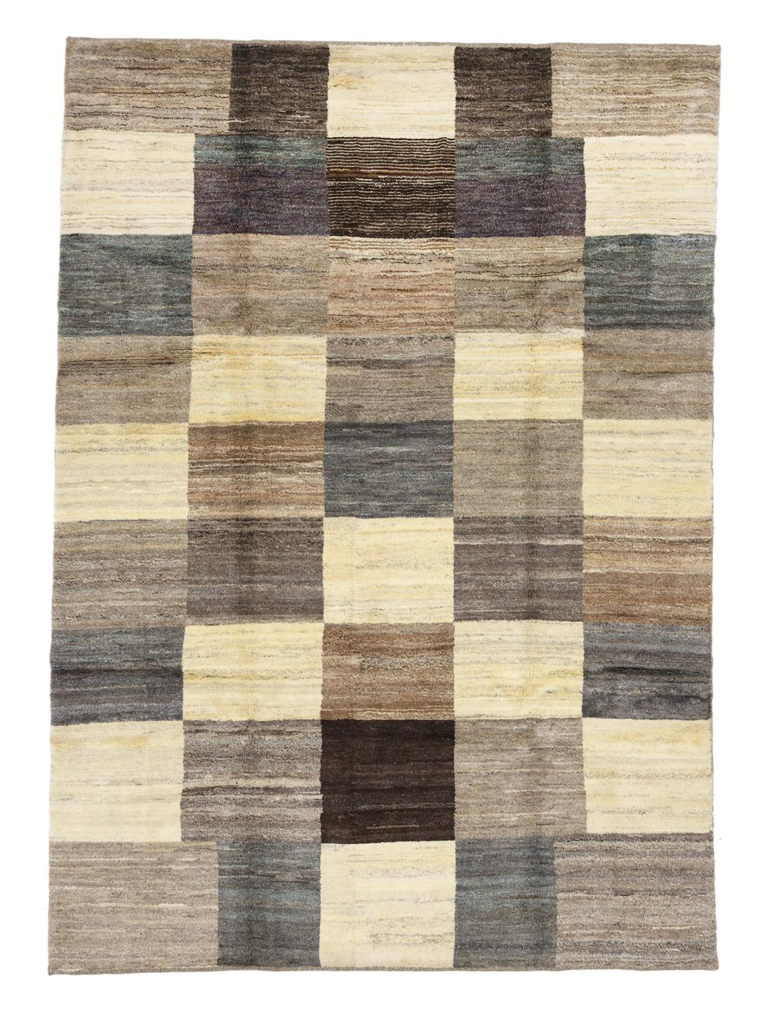 Hand-knotted Gabbeh rug with geometric patterns in multicolour wool from the Middle East