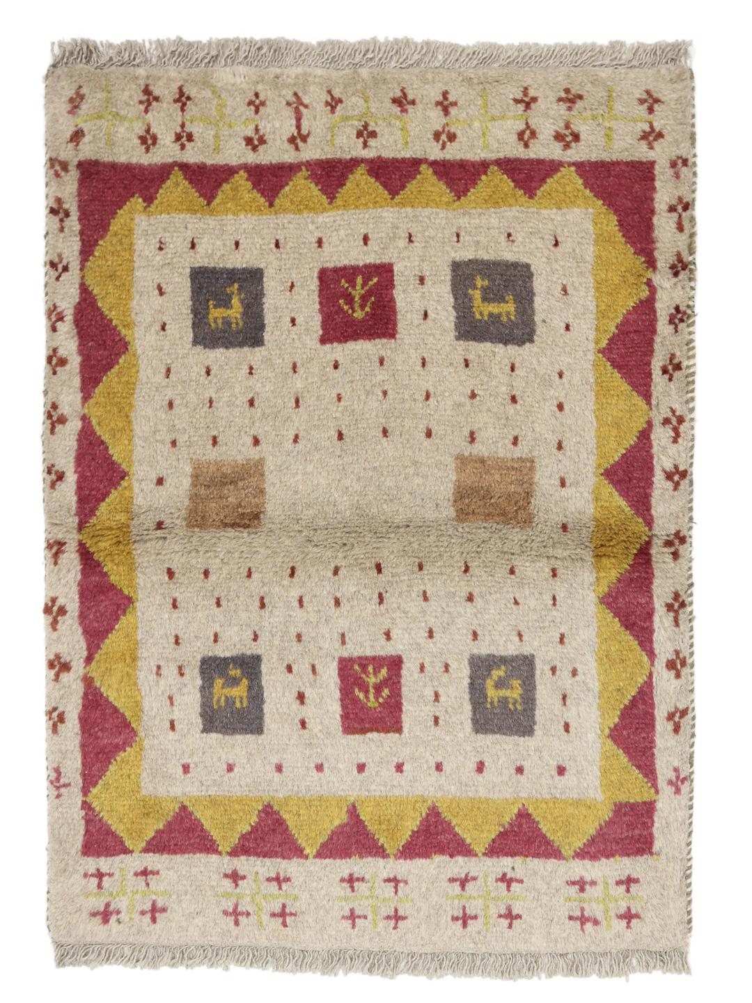 Håndknyttet Gabbeh-tæppe fra Mellemøsten med beige baggrund og farverige geometriske motiver