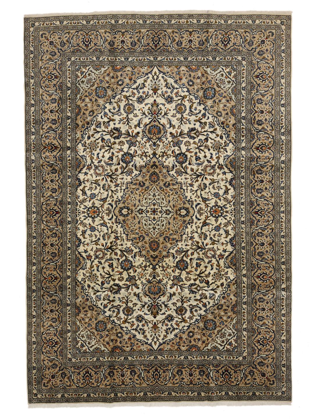 A hand-knotted Keshan rug from the Middle East with a beige background and floral patterns.