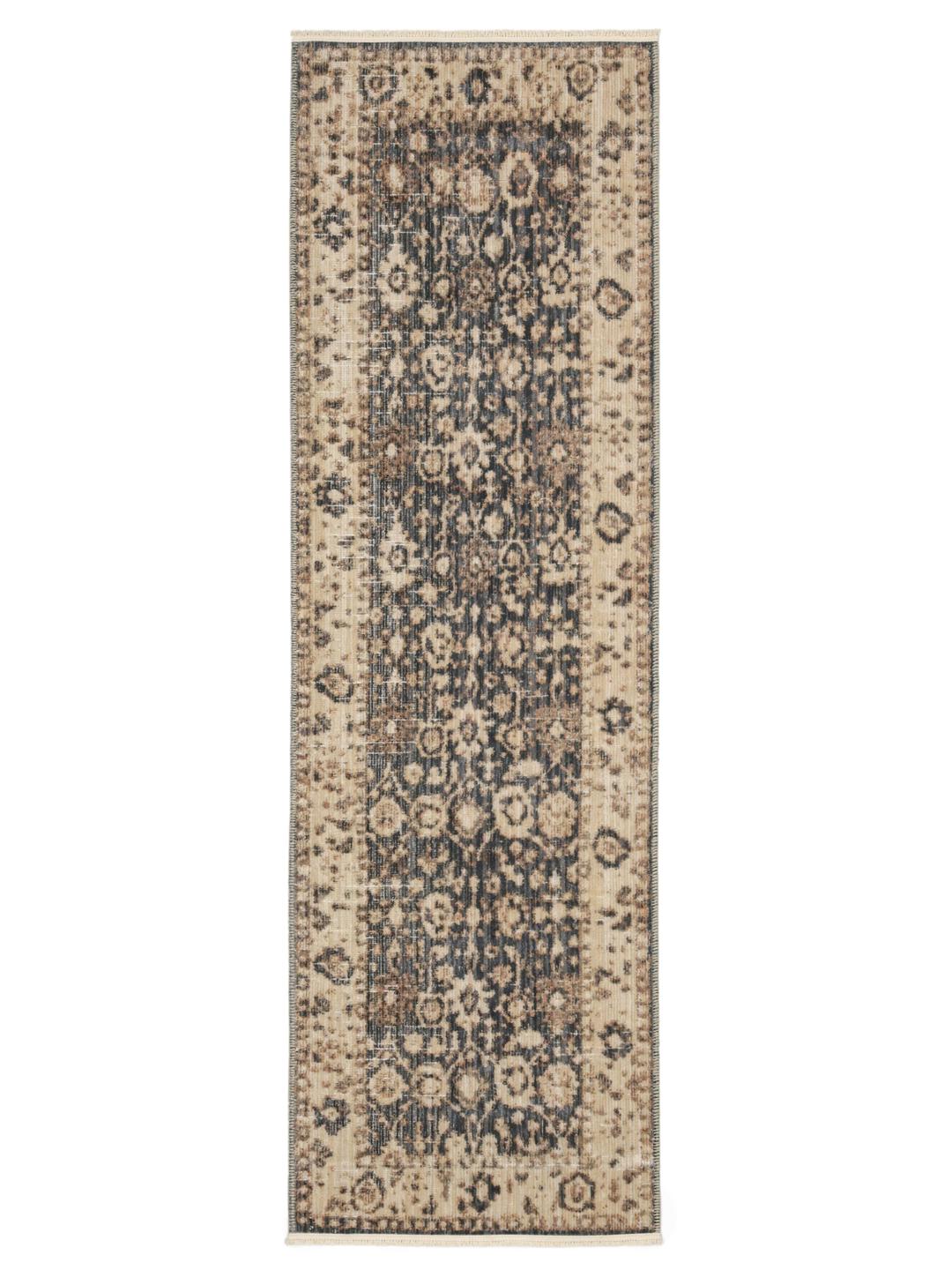 Donkergrijze en beige loper met een versleten ornamenteel patroon en franjes